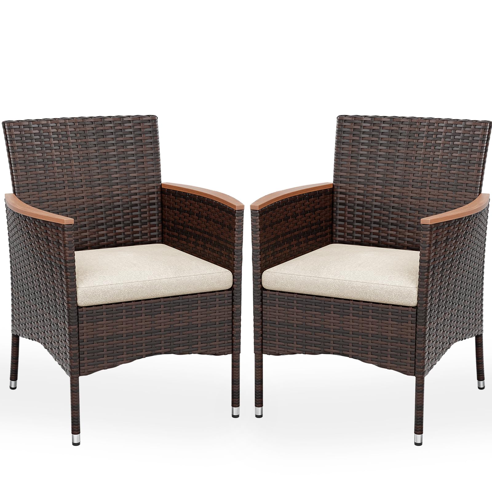 UDPATIO Gartenstühle 2er Set Rattan mit Kissen, Wetterfeste Gartenmöbel, Gartenstuhl Hochlehner für Balkon Terrasse, Outdoor Lounge Sessel, 60x59x85cm, Braun