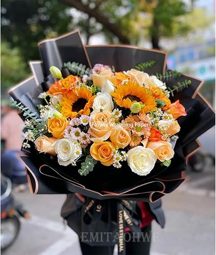 Miniatura 6 de EMITAOHWF 20 hojas de papel de regalo de flores, borde negro y dorado, impermeable, papel de regalo para flores, papel de regalo para manualidades,