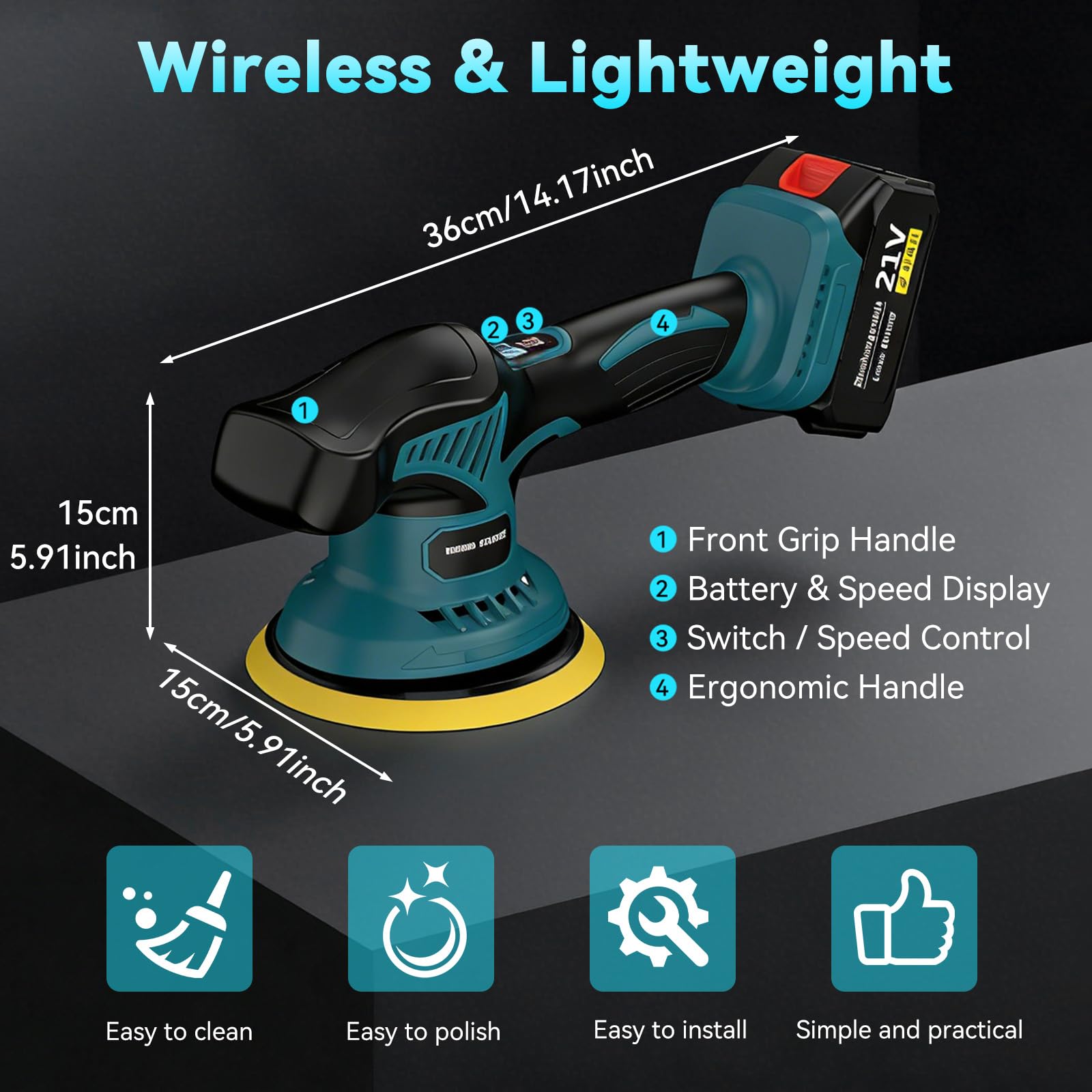 Yofuly Pulidora Orbital a Batería 6 Pulgadas, 8 Velocidades, 2x2000mAh, Compatible Makita 18V, para Detallado Auto