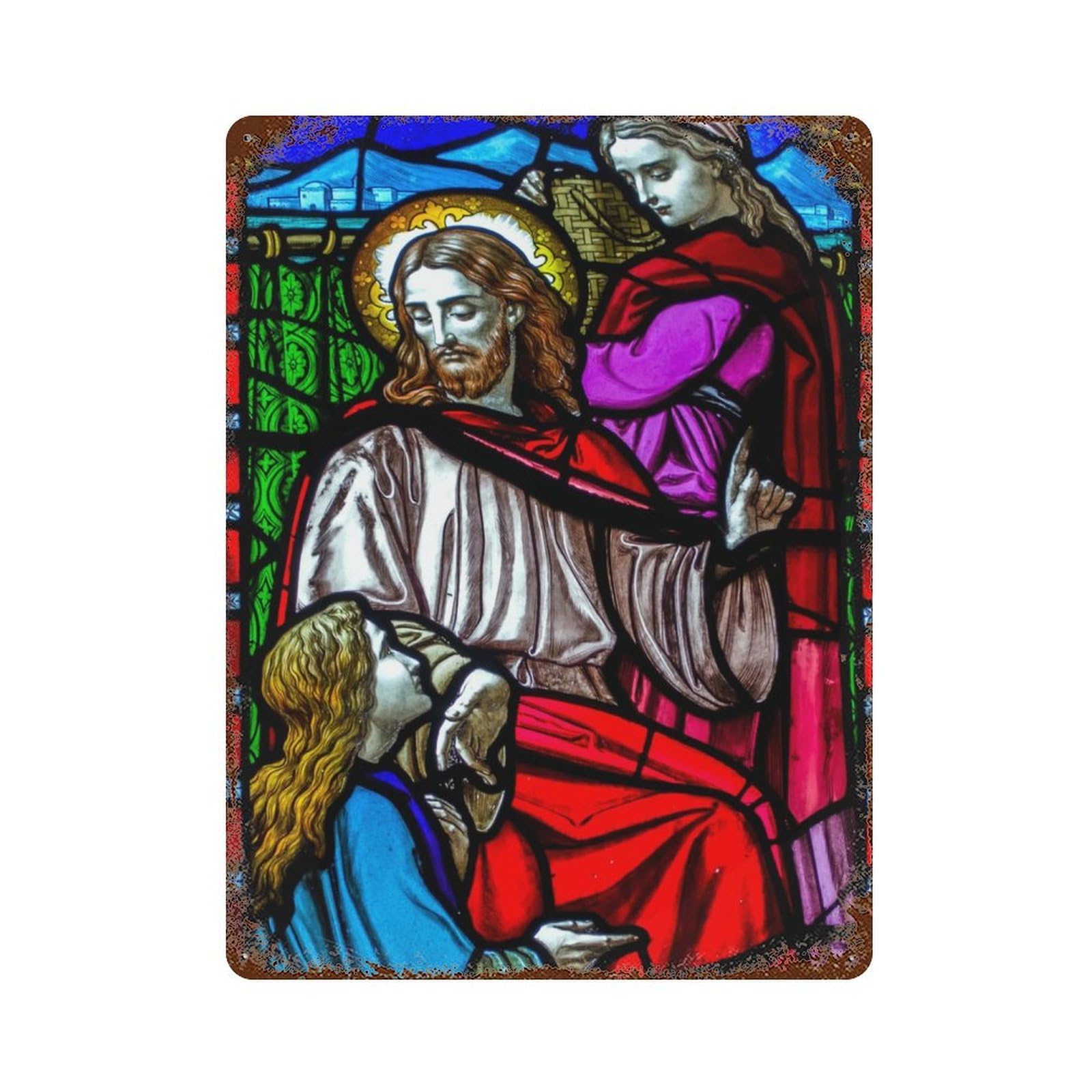 Jesus with Mary And Martha Vintage Wall Sign 15.7"x11.8", Rust Effect Metal Decor for Basement, Hobby Room And Garage Decor