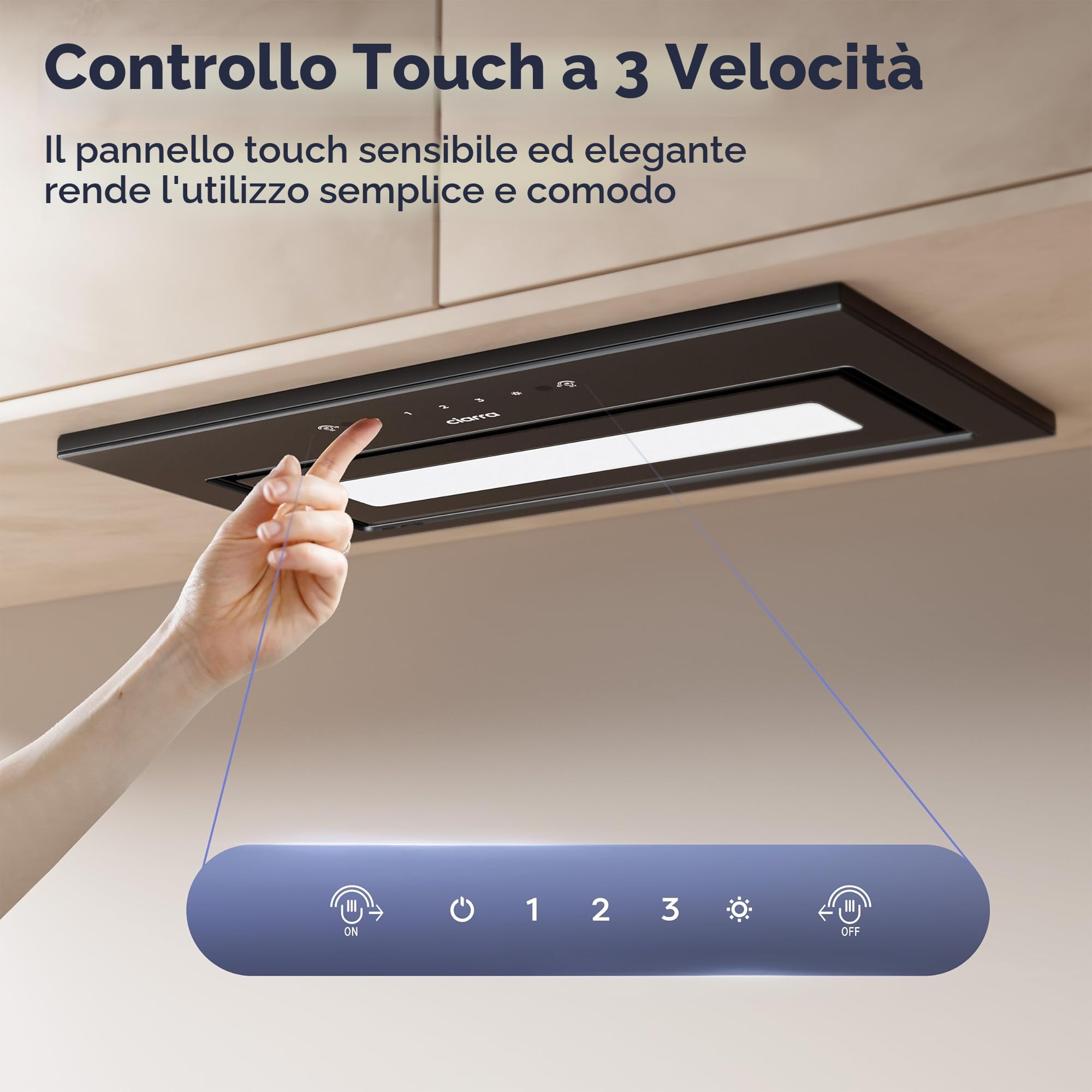 CIARRA CBCB5931B Cappa Aspirante Incasso 52cm Classe A- 469m³/h - Nero | 3 Velocità - Doppia Modalità -Controllo Gestuale-Facile Installazione-Con Carbone Attivo CBCF055 - Sottopensile Acciaio Inox