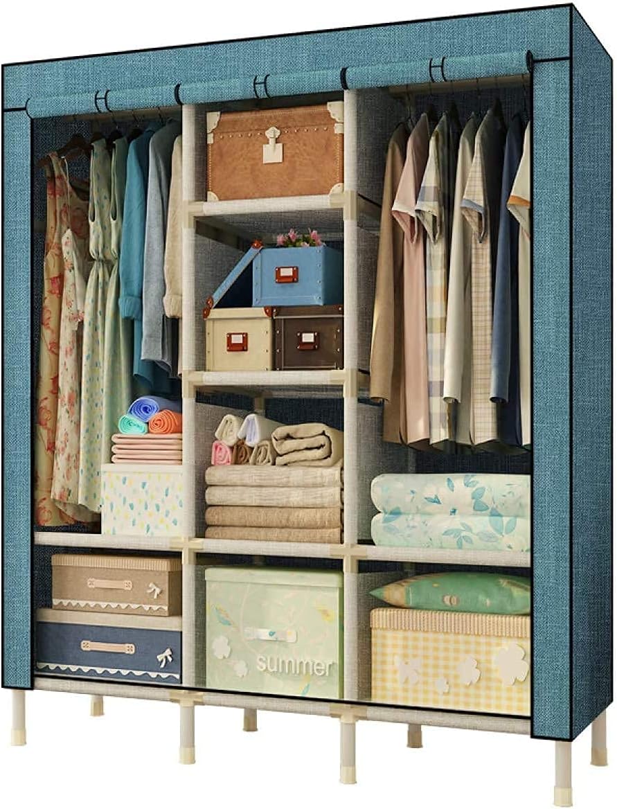 Folding Wardrobe Wardrobe Portable Cloth Durable Non-Woven Fabric Cloth Clothes Closet Storage Organizer Shelf for Shoes Hats (Blue 150x50x190CM/59x20x75in)