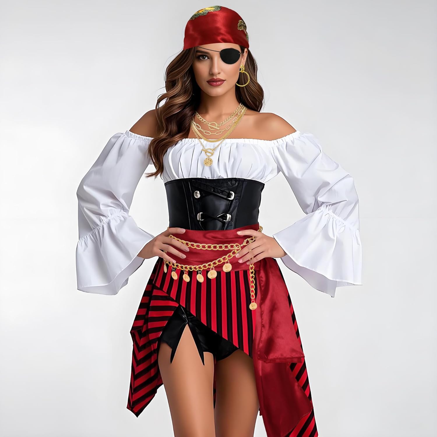 Pirate Accessories for Women Captain Pirate Costume Women with Head Scarf Sash Chain Belt Necklace Eye Patch Party Outfit - Image 5