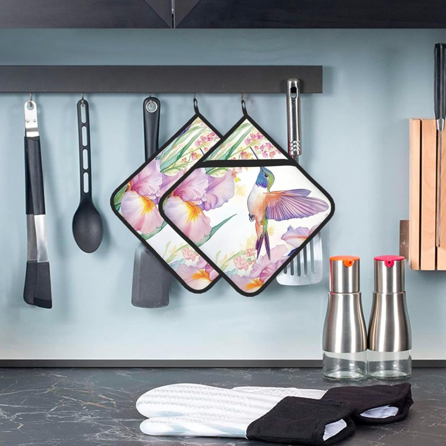 Spring Floral Hummingbirds Pot Holders Set of 2 Summer Botanical Kitchen Decorative Heat Resistant Potholder Cotton Lining Oven Hot Pads for Kitchen Cooking Baking Microwave Oven End Dishes BBQ Gifts - Image 5