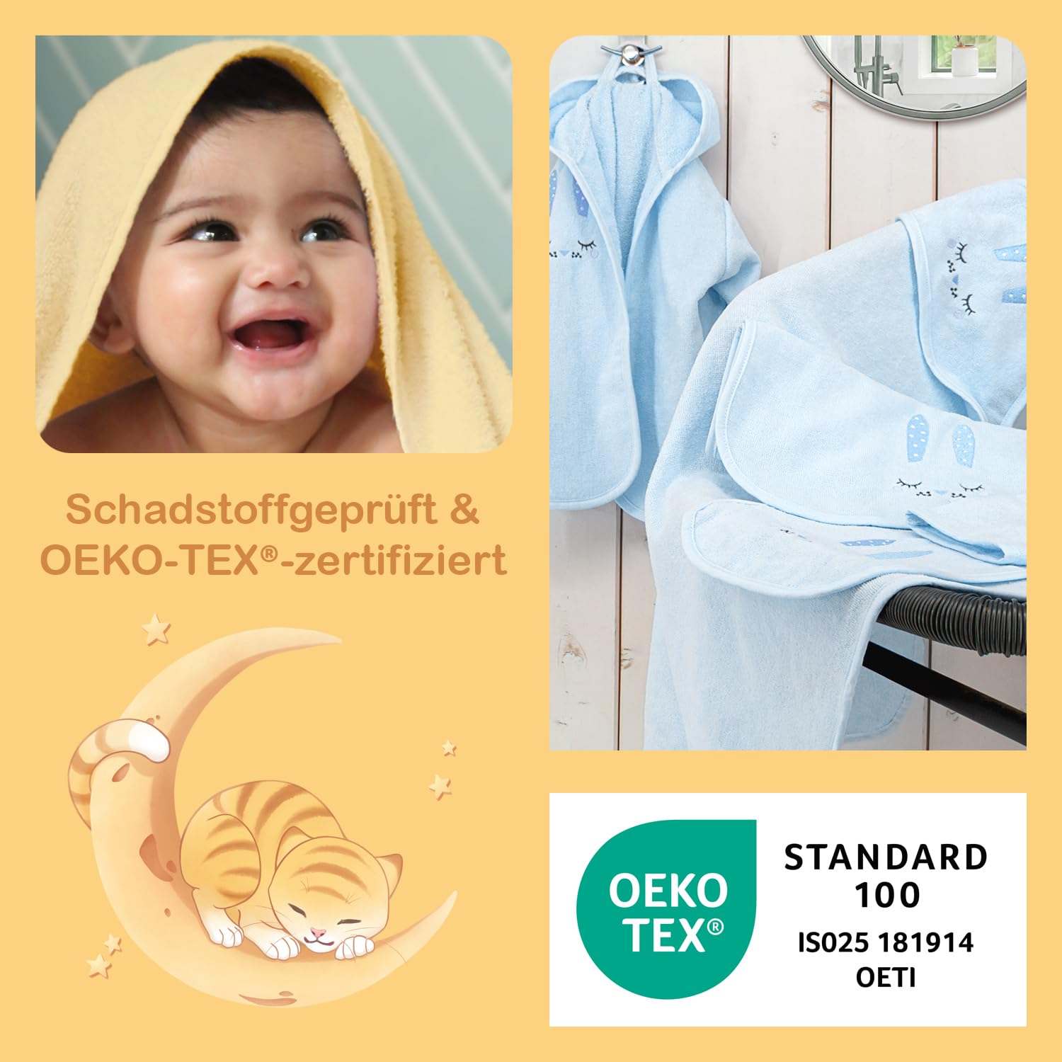 Celodoro Set regalo per bambini, 5 pezzi, confezione regalo con accappatoio, asciugamano con cappuccio, guanto da bagno, bavaglini, per bambini da 0 a 12 mesi