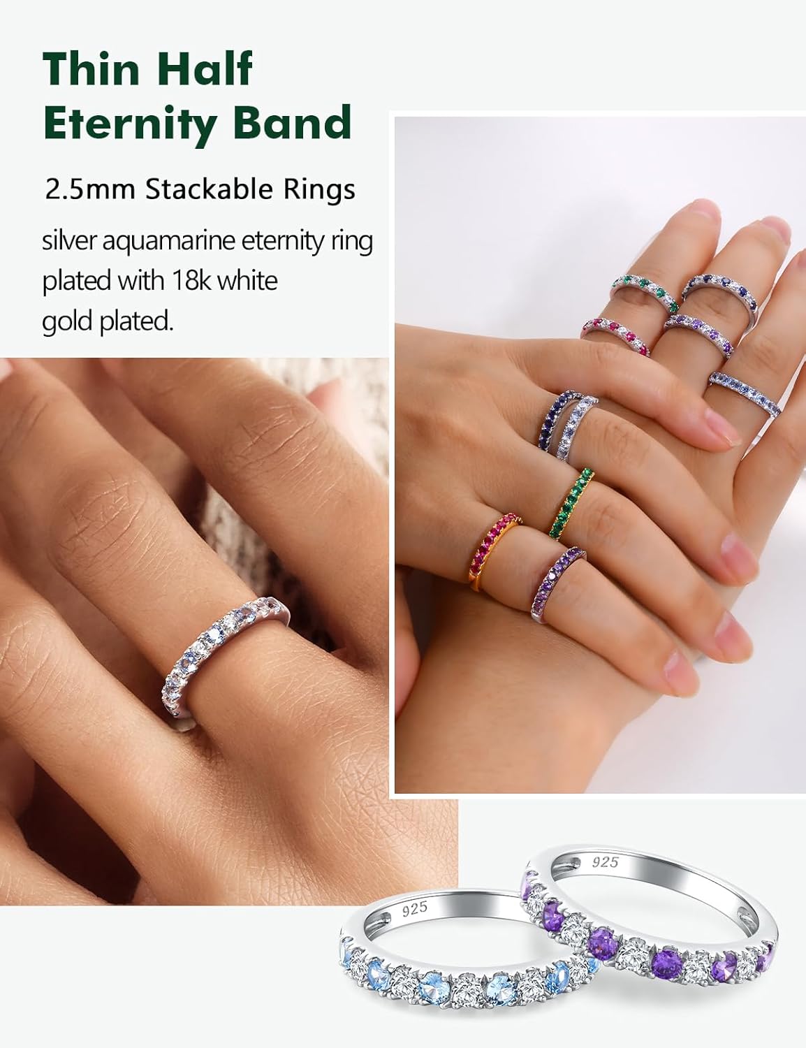 Half Eternity Band Rings for Women Sterling Silver/14K Gold Plated Created Ruby/Sapphire/Emerald/Amethyst Gemstone 3mm Stacking Wedding Bands Size 6-10 - Image 3