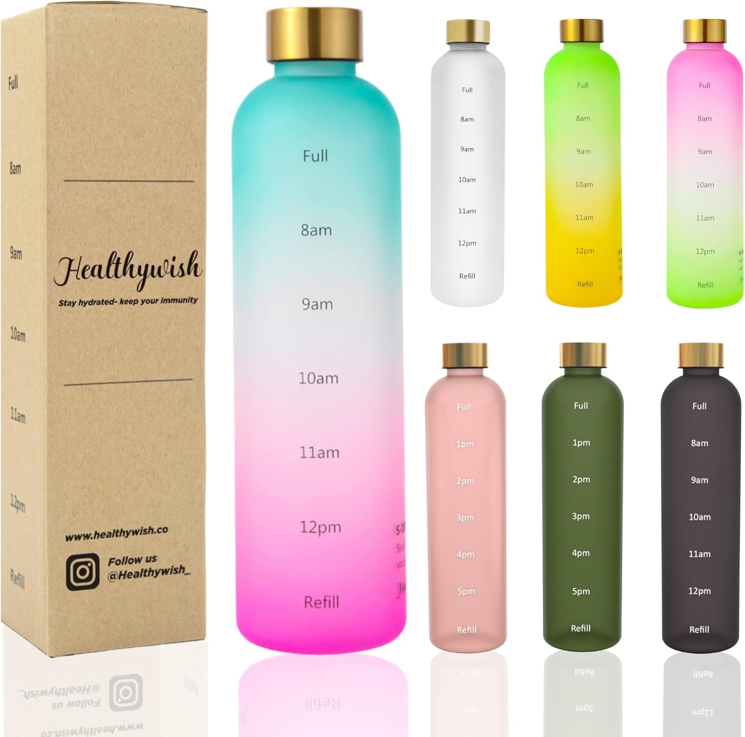 Water Bottles With Times To Drink, Gold Lid Cute Water Bottles For Women, Eco Friendly Tritan Plastic 1 Liter Water Bottle With Time | 32 Oz