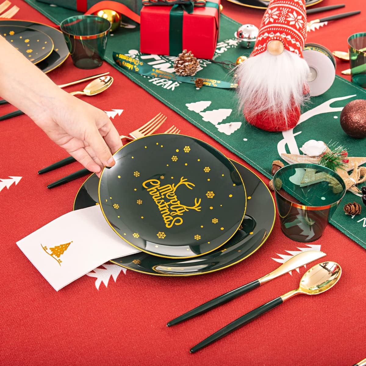 Nervure 175PCS Christmas Plastic Plates - Green and Gold Disposable Plates & Gold Plastic Silverware with Green Handle include 50 Plates 25Knives 25Forks 25Spoons 25Napkins for Christmas Party