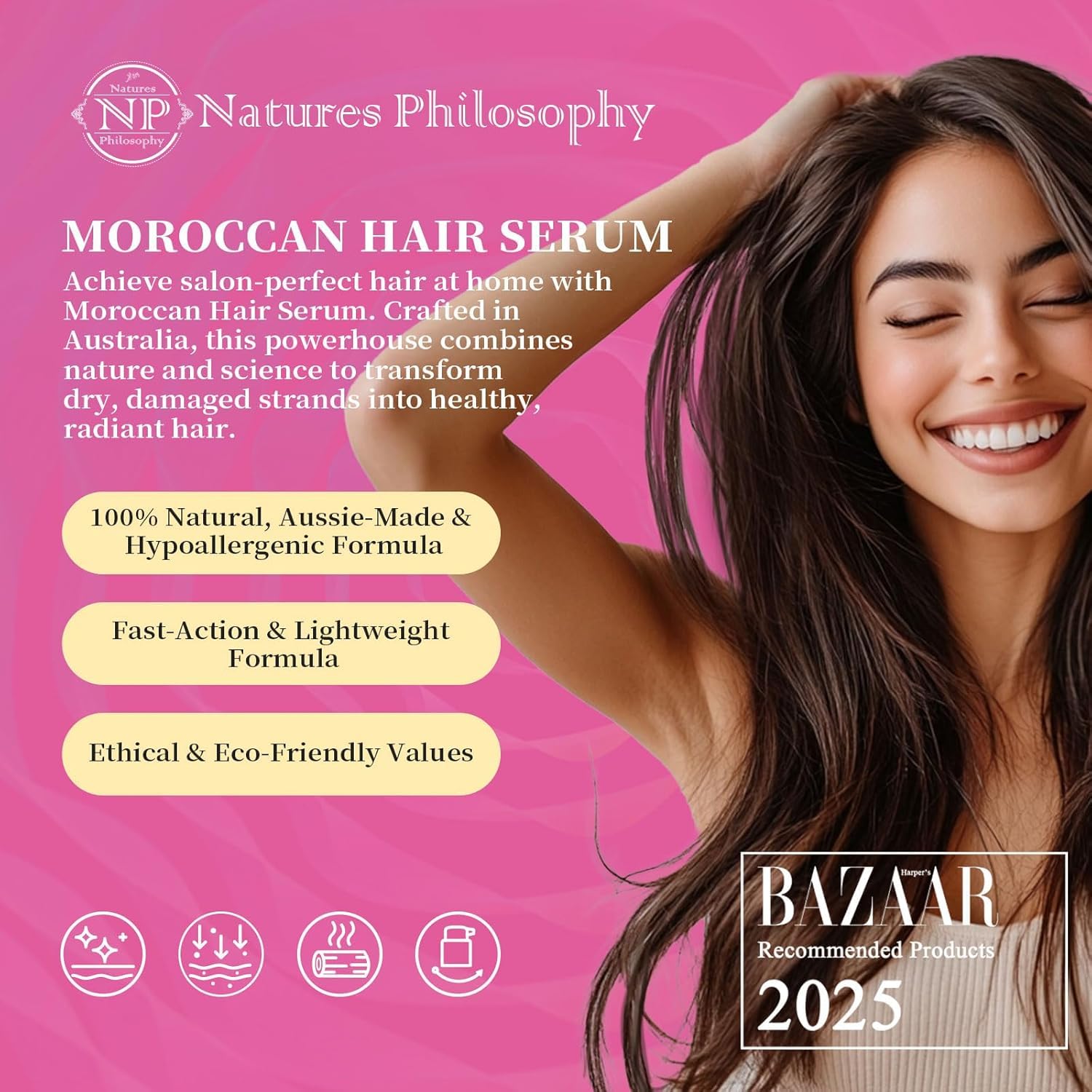 NP NATURES PHILOSOPHY Moroccan Oil Hair Products, Organic Moroccan Argan Oil Hair Serum, Anti-Frizz, Hydrating & Repairing Oil for Damaged Hair, Split Ends, Natural Shine for All Hair Types - 2 Pack