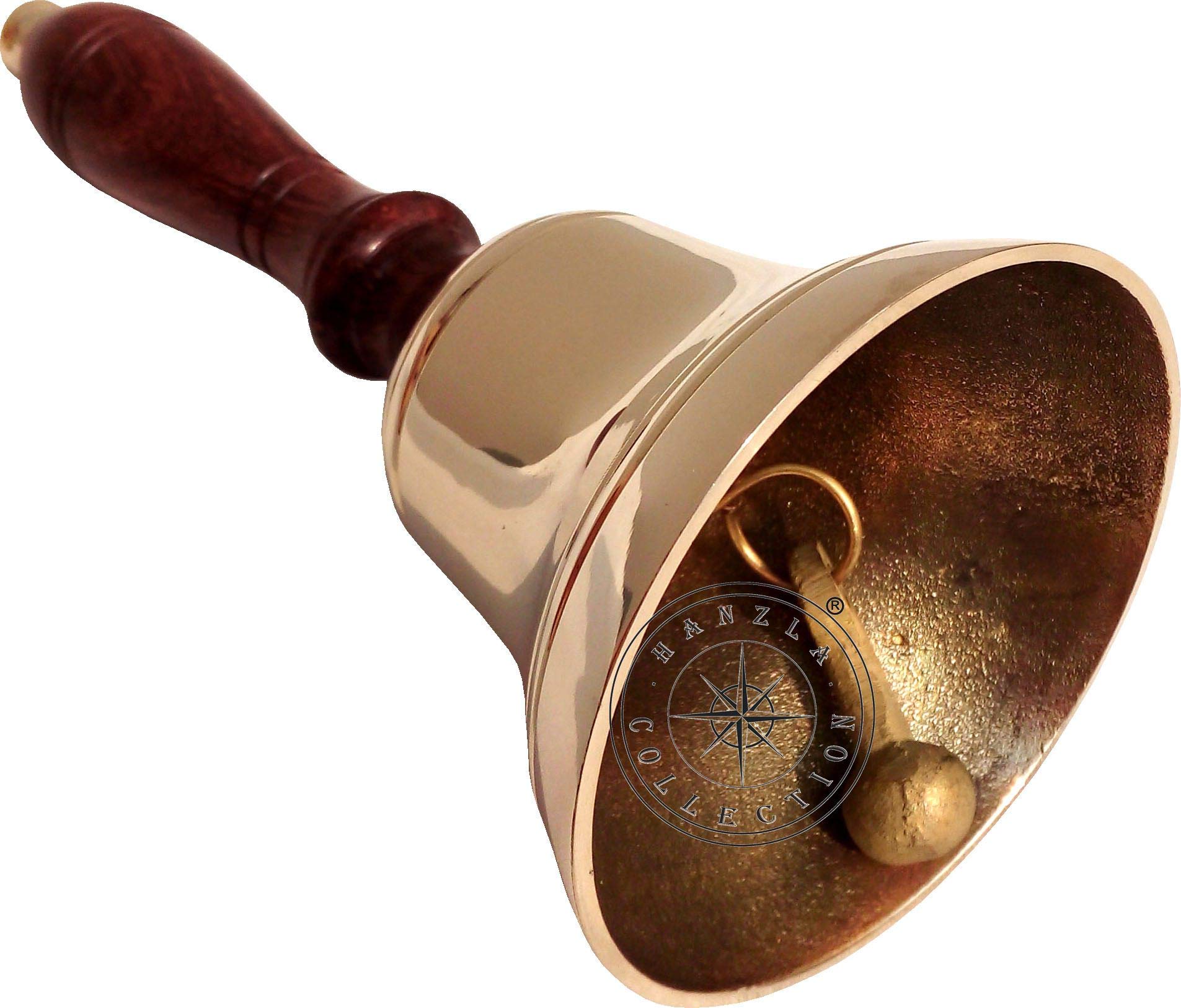 Hanzla CollectionAntique Brass Wood Teachers Desk Bell Vintage School Reception Dinner Hand Bell