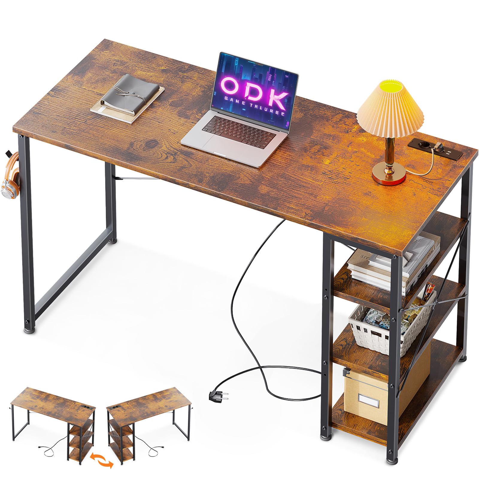 ODK Escritorio Pequeño, Mesa Escritorio para Ordenador con 3 Enchufes y Puerto de Carga USB, Escritorio para PC de 3 Estantes Reversibles para Estudio, Oficina en Casa (120x40x75cm, Marrón)