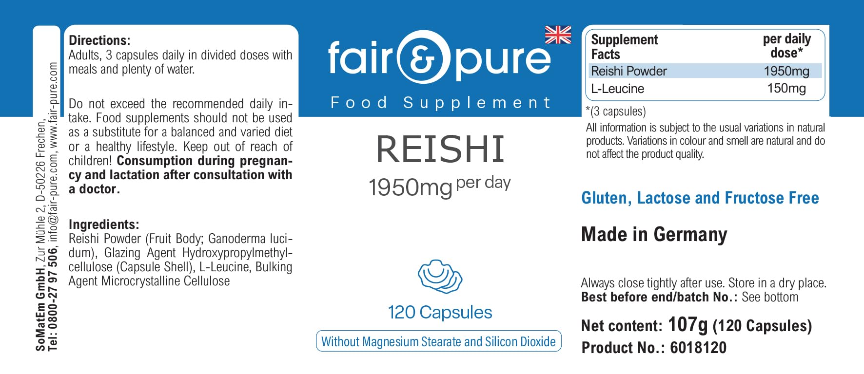 Fair & Pure® - Capsule di Reishi 1950 mg - 120 capsule - Ganoderma lucidum - Fungo medicinale - Altamente dosato - Vegano