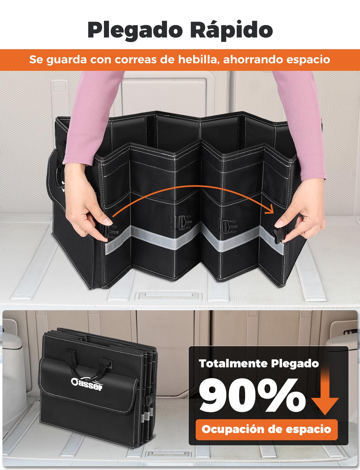 Oasser Organizador Maletero Coche 75L Grande 3 Compartimentos Tapa Desmontable Plegable Antideslizante 1 Bolsillo Grande 6 Bolsas Laterales Malla