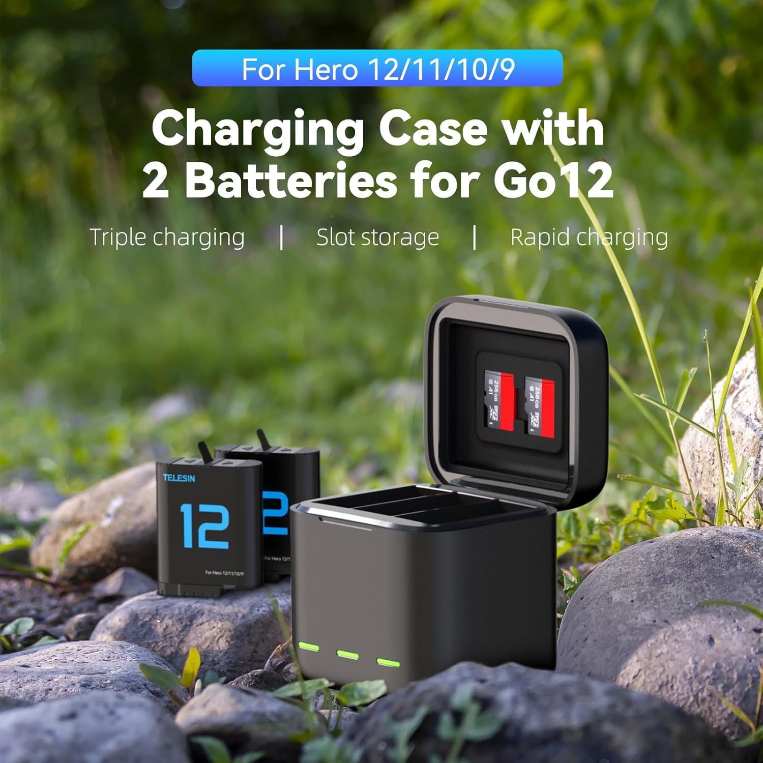TELESIN Caricabatteria e scatola di immagazzinaggio di batteria tripla a 3 canali con 2 batterie ricaricabili agli ioni di litio per GoPro Hero 12 Hero 11 Hero 10/9 (S0-BCG-04-TGP)