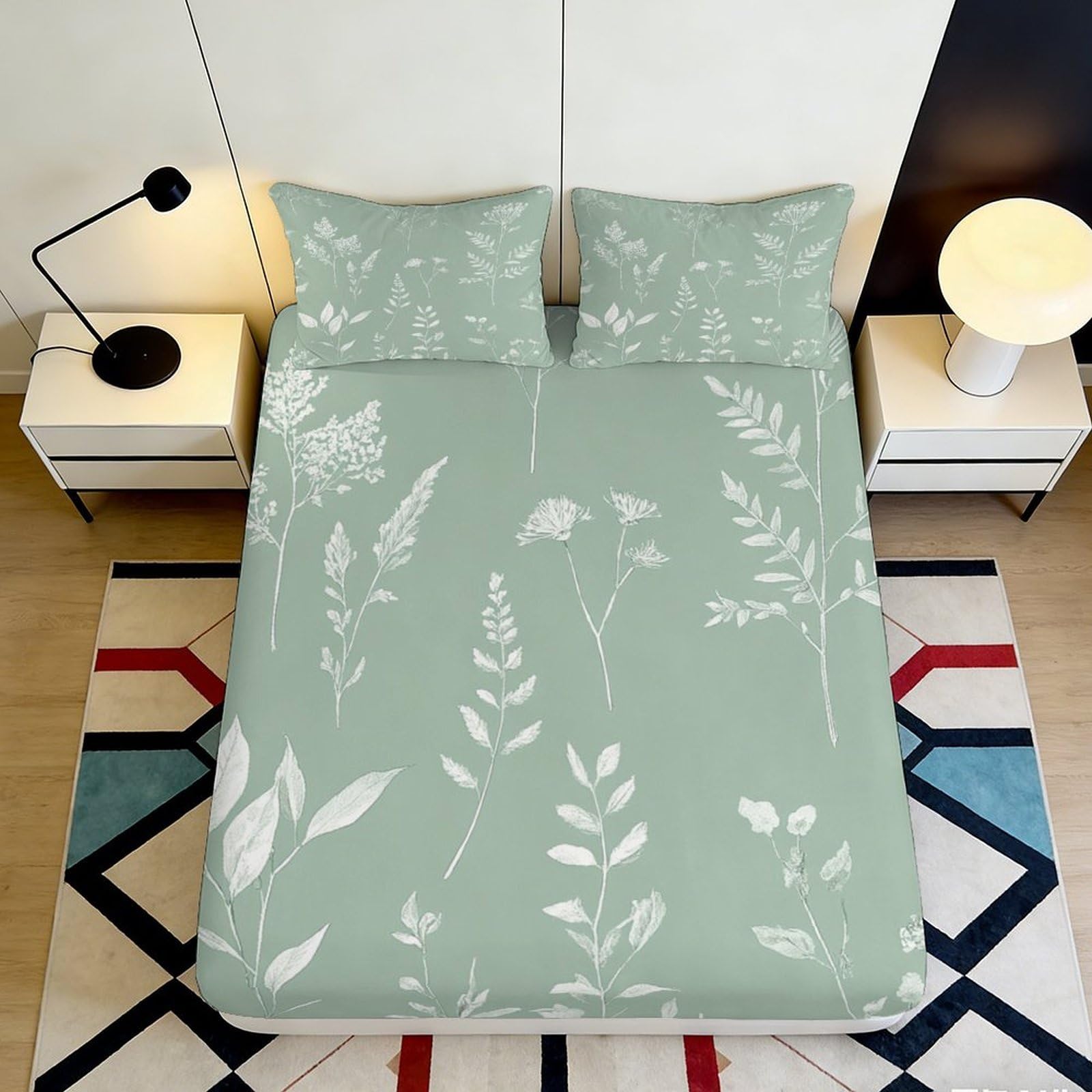 Dhbaneiok Style-10 3D Printed Botanical Leaf Fitted Sheet Microfiber Soft Sage Green Plant Mattress Cover For Bedroom Dorm Protection Decor 90X200x25cm