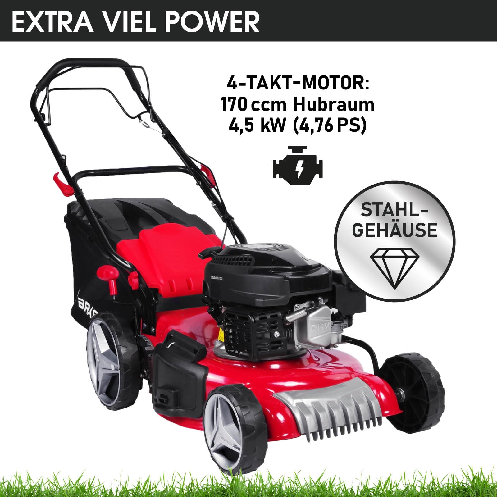 BRAST Benzin Rasenmäher mit Antrieb | 3,5kW (4,76PS)-5,2kW(7PS) | 46-51cm Schnittbreite | viele Modelle | TÜV | 4 Takt OHV Motor | 30-80mm Schnitthöhe | 60L Fangkorb | Stahlgehäuse | RED LINE 4,76PS