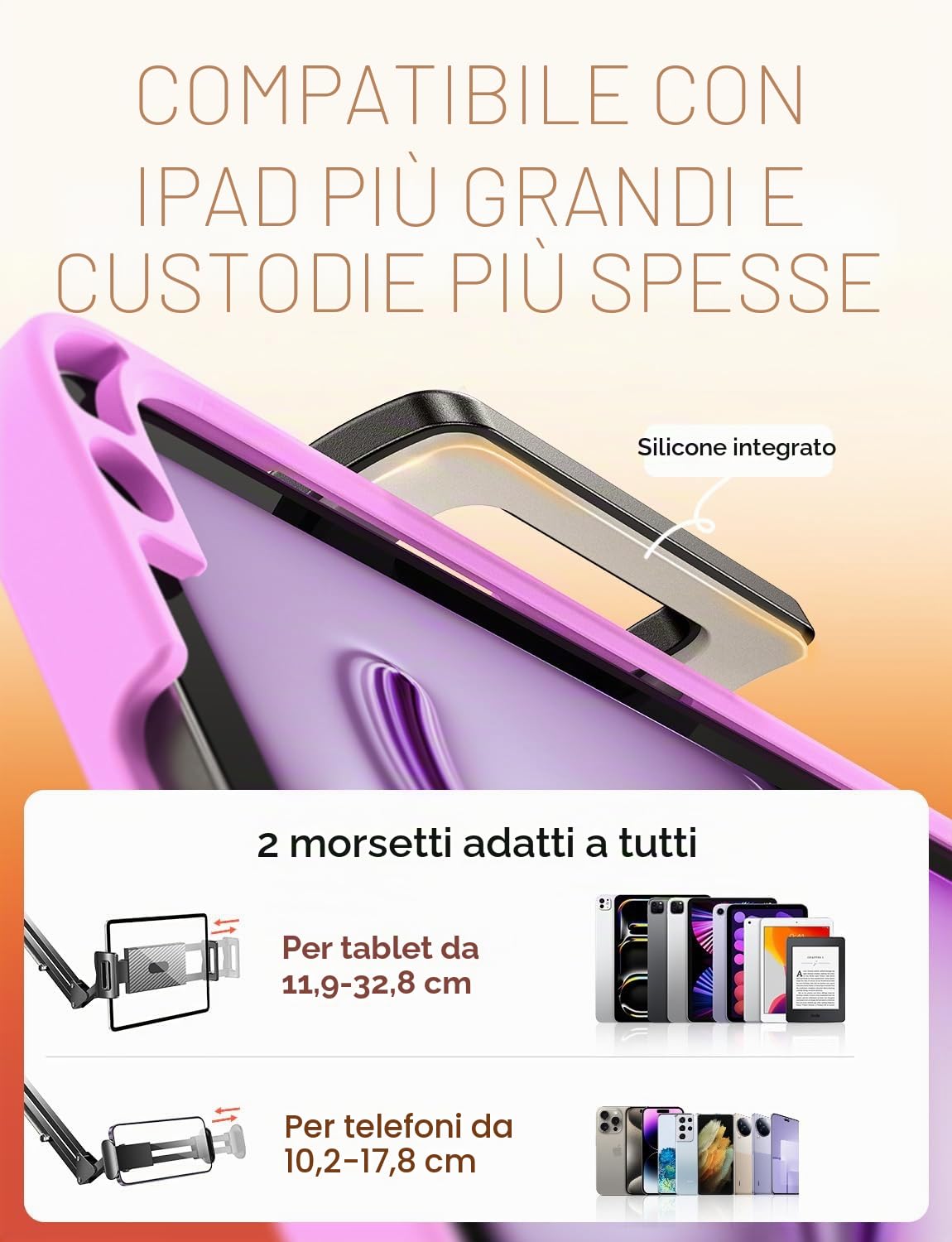 LISEN Supporto per tablet regolabile a braccio lungo 2 clip per iPad Kindle Samsung Galaxy