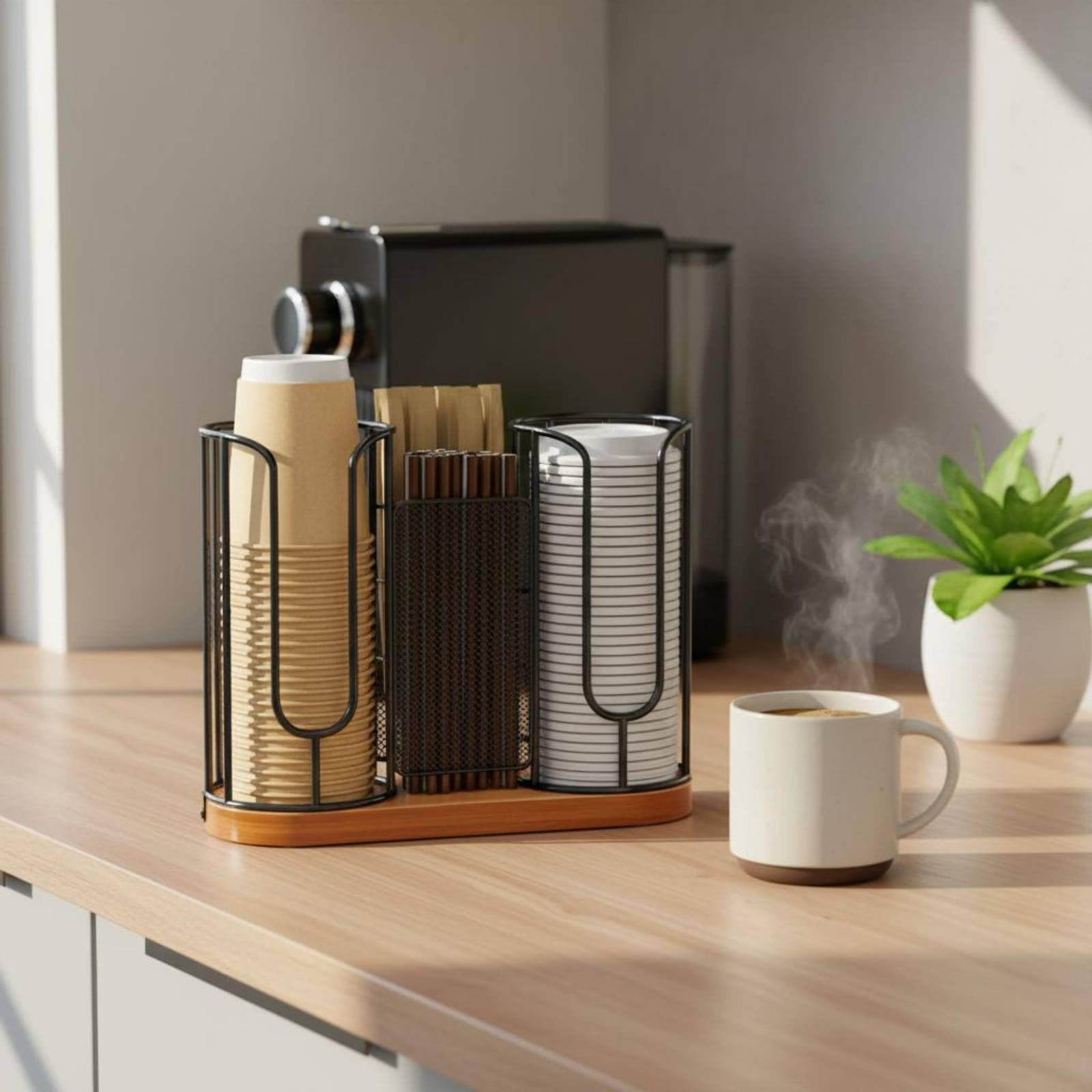 F Fityle Organizador de Escritorio Portavasos Soporte para Tazas Dispensador de Tapas Bandeja para Madera y Metal para Uso Diario Adecuado para Cocina Área de