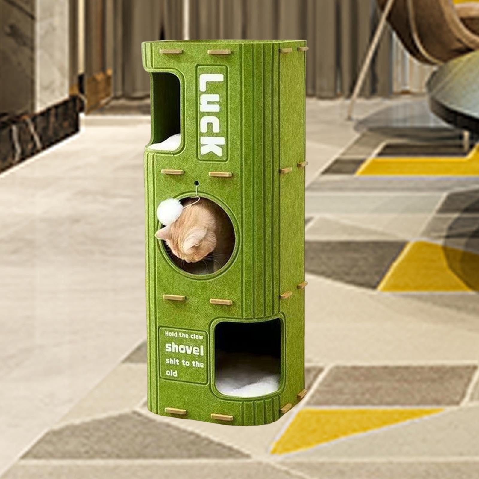 Cama Cueva para Gatos de 3 Pisos, para Gatos con Juguete Colgante en Forma de Bola, Cubierto, Condominio para Varios Gatos, Gat, Verde