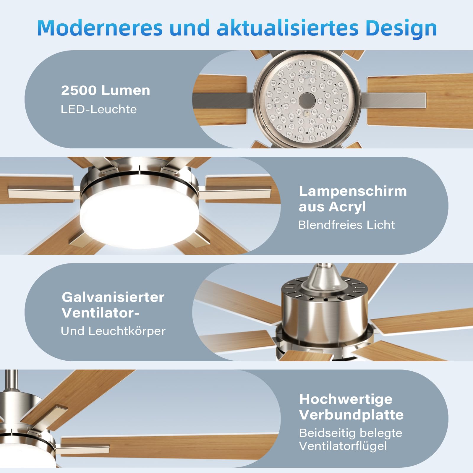 EppieBasic Ventilateur Plafond avec Lumiere Salon: 132 cm Ventilateur Plafond Moteur DC Silencieux avec Télécommande/Appli – 6 Vitesses, Design Moderne, 6 Pales Aspect Bois pour Chambre