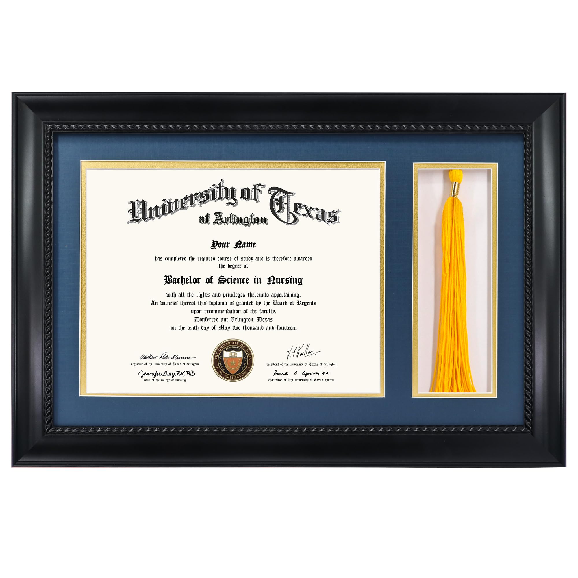 gmframes solid wood diploma frame with tassel holder for 8.5x11 certificate with navy over gold mat,black finish with intricate black rope detail,uv protection acrylic