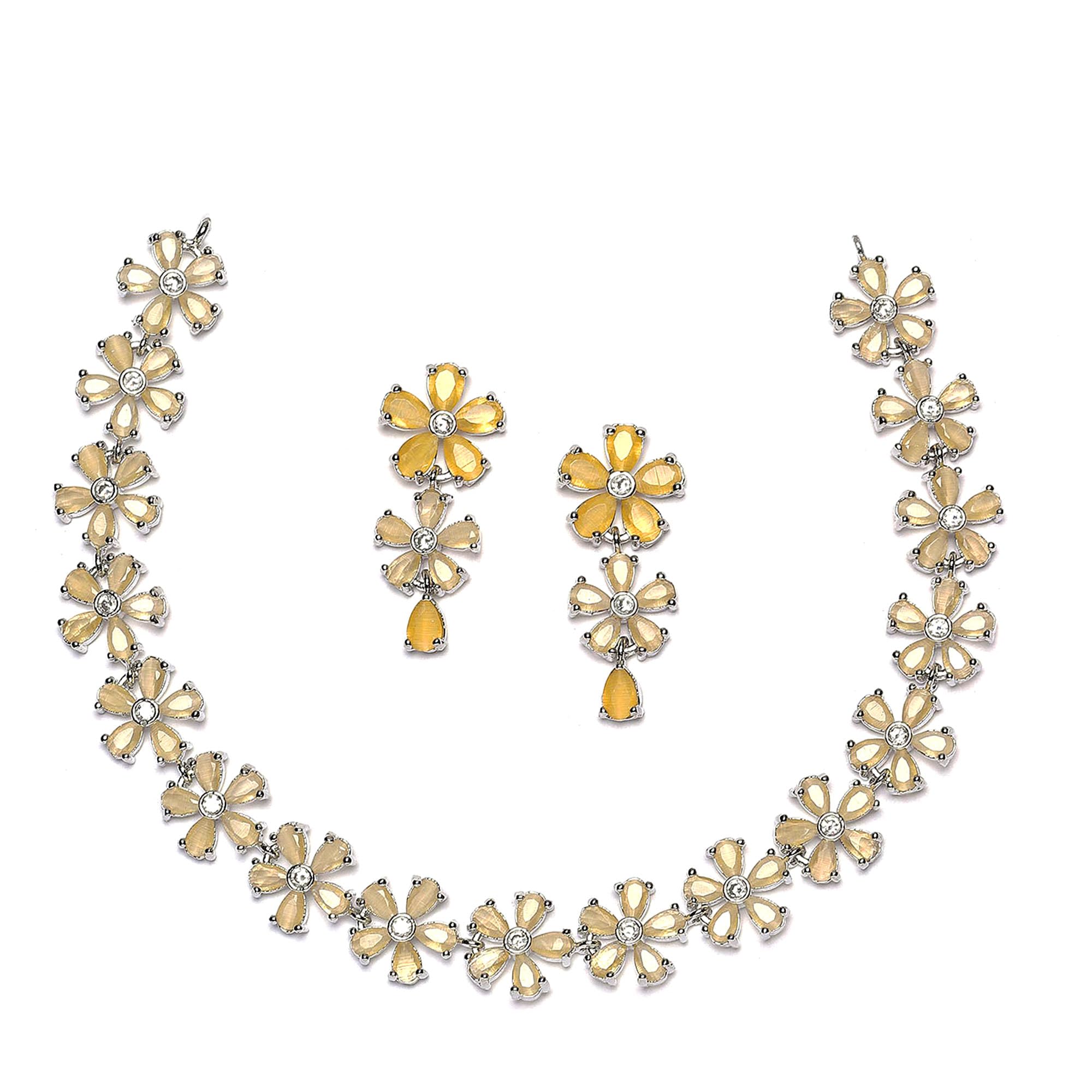 ZENEMERhodium Plated Silver Toned White American Diamond Studded Flower Shaped Jewellery Set For Girls and Women