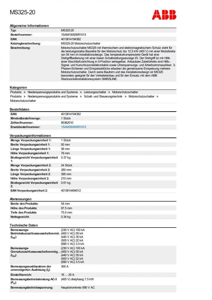 ABB Entrelec MS325 Guardamotor - Motorschutzschalter 16-20A | 400V 55kA Schutz