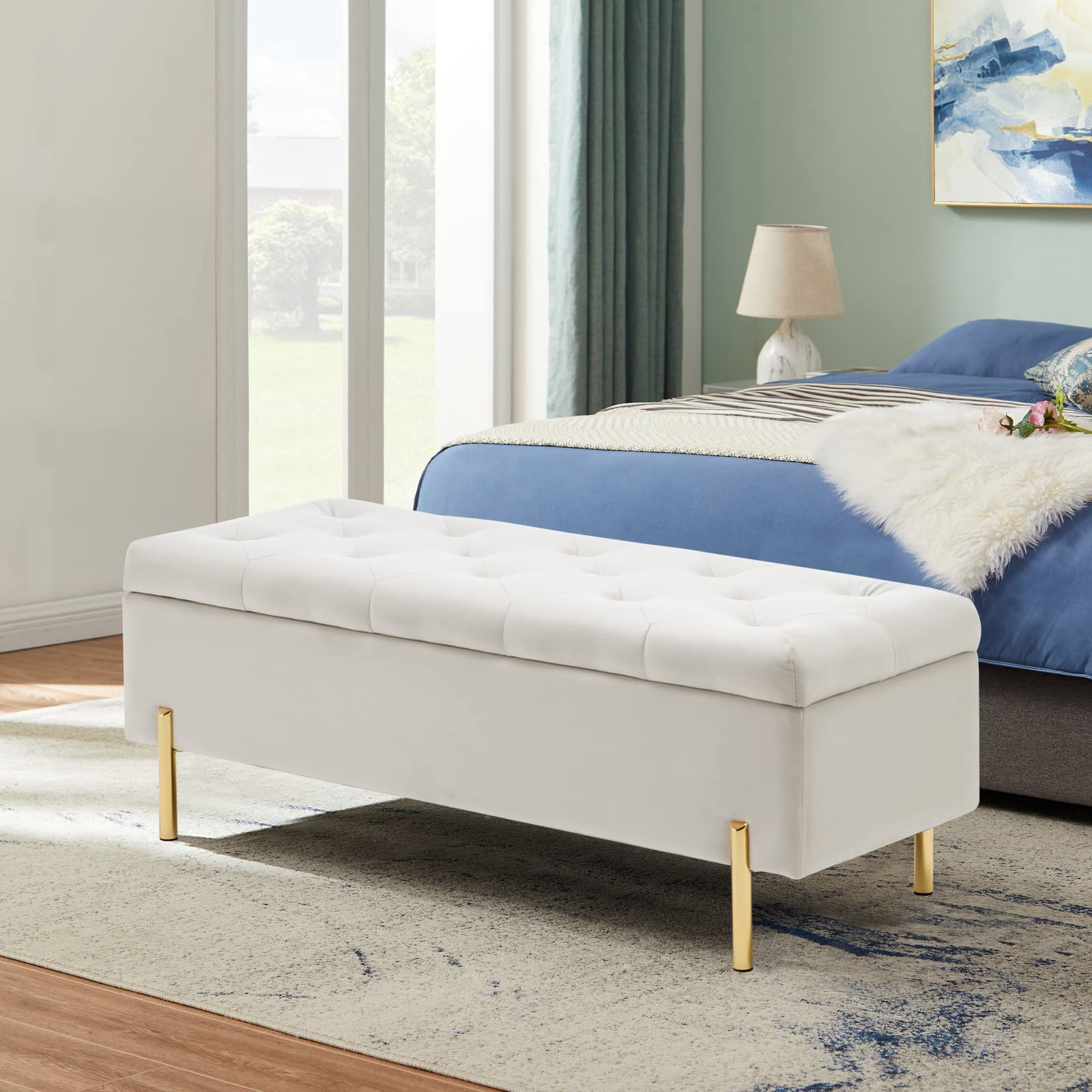 Ivory Velvet Tufted Storage Bench