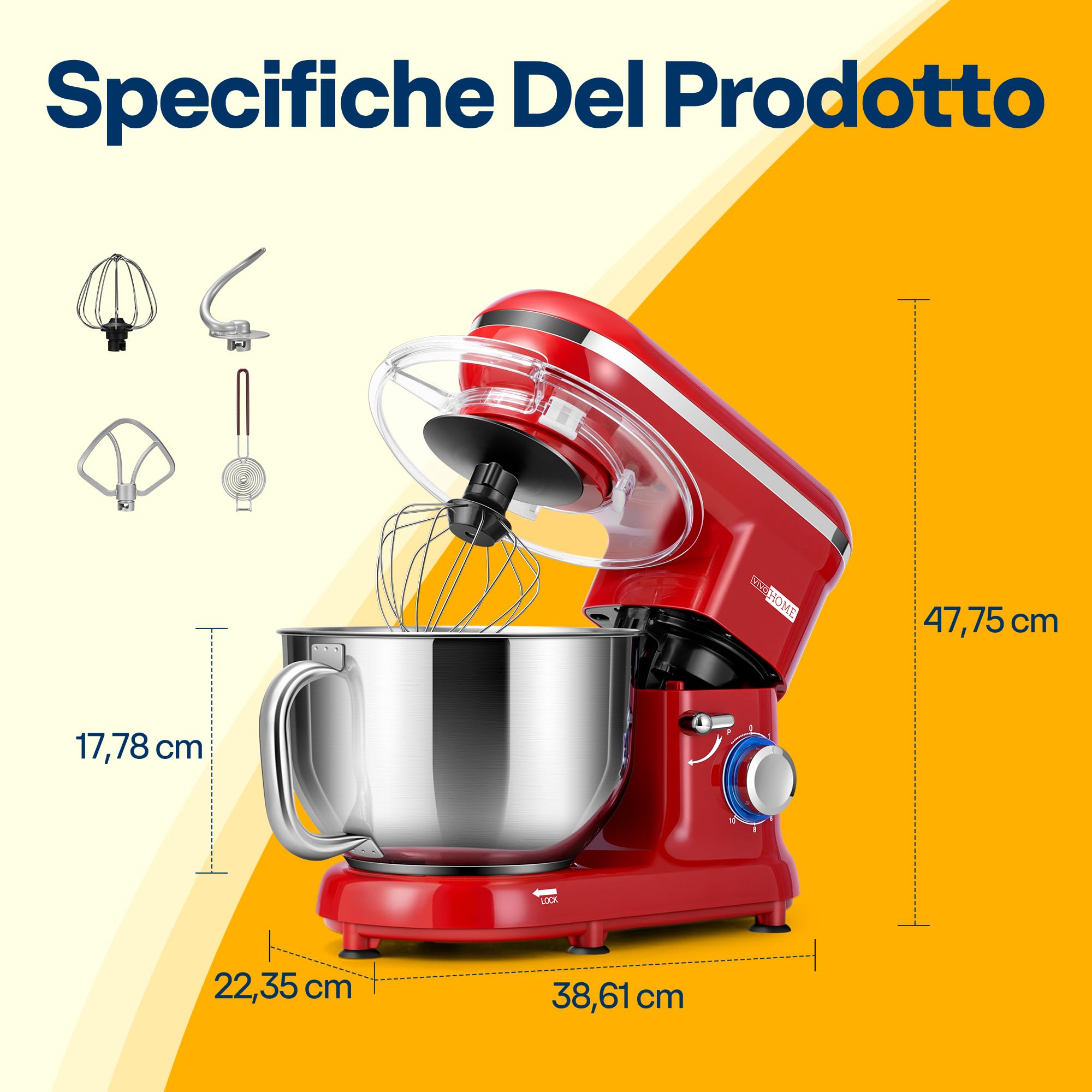 VIVOHOME Impastatrice Planetaria Professionale 5,7L 10 Velocità 1500W Contenitore in Acciaio Inox, Impastatore da Cucina Multifunzione con Gancio per Impastare Frusta per Dolci, Rosso