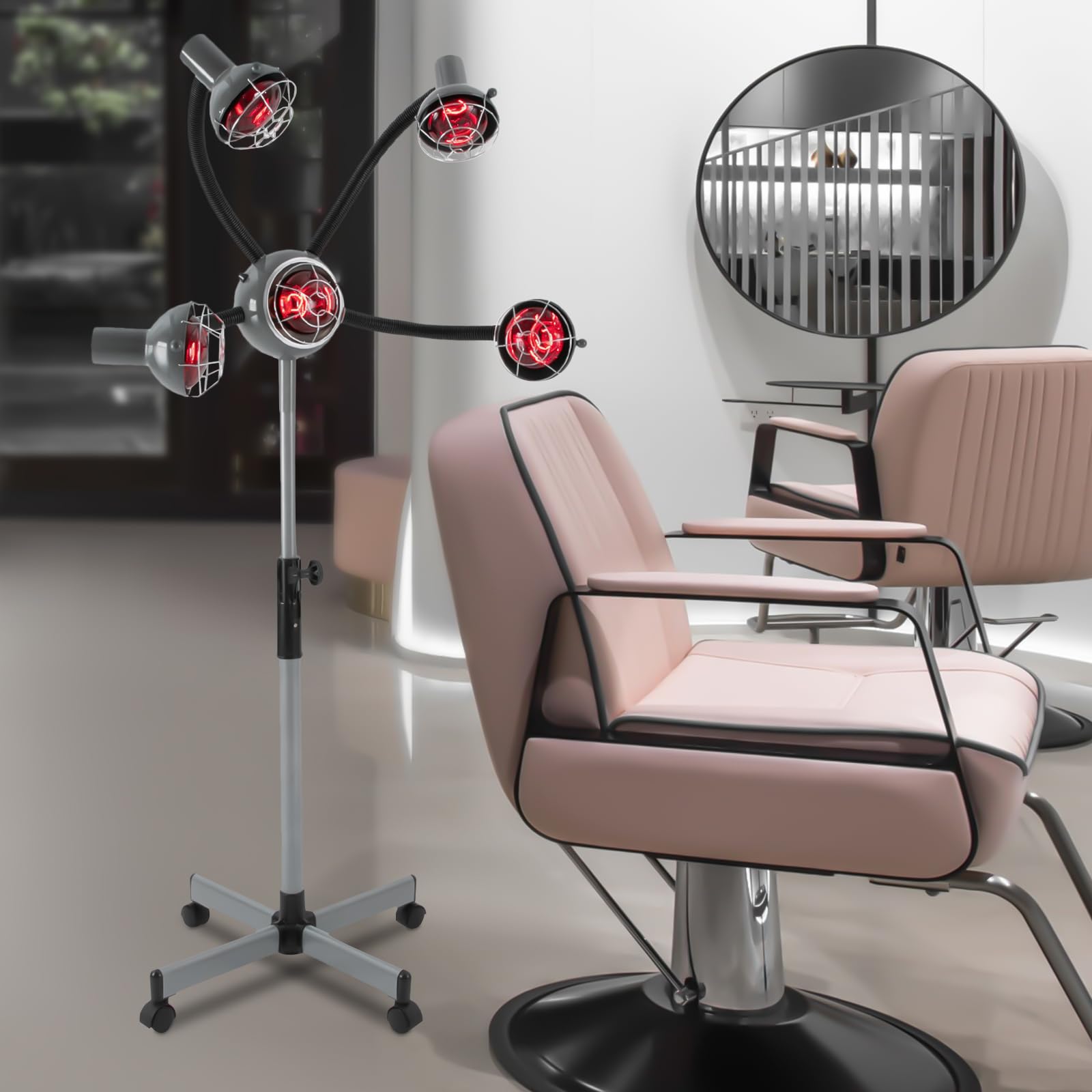 Lámpara calefactora infrarroja de 5 cabezas 750w con ruedas infrarrojas calor lámpara salón calentador de pelo altura ajustable para cuidado capilar (gris plateado)