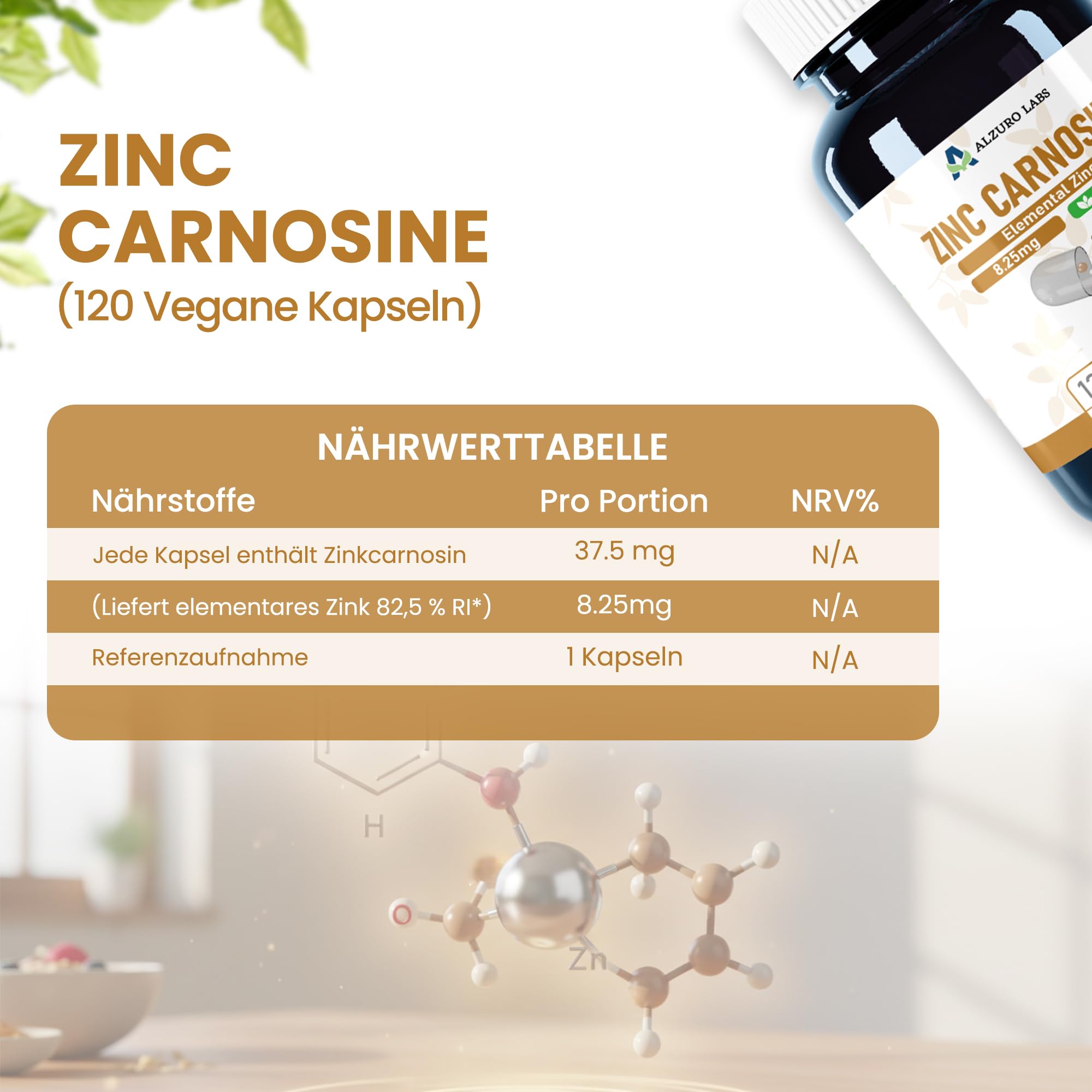 Zink-L-Carnosin | 37,5 mg | 8,25 mg elementares Zink (83% NRV) | 120 vegane Kapseln | Zinc L-Carnosine | GMP & Laborgeprüft