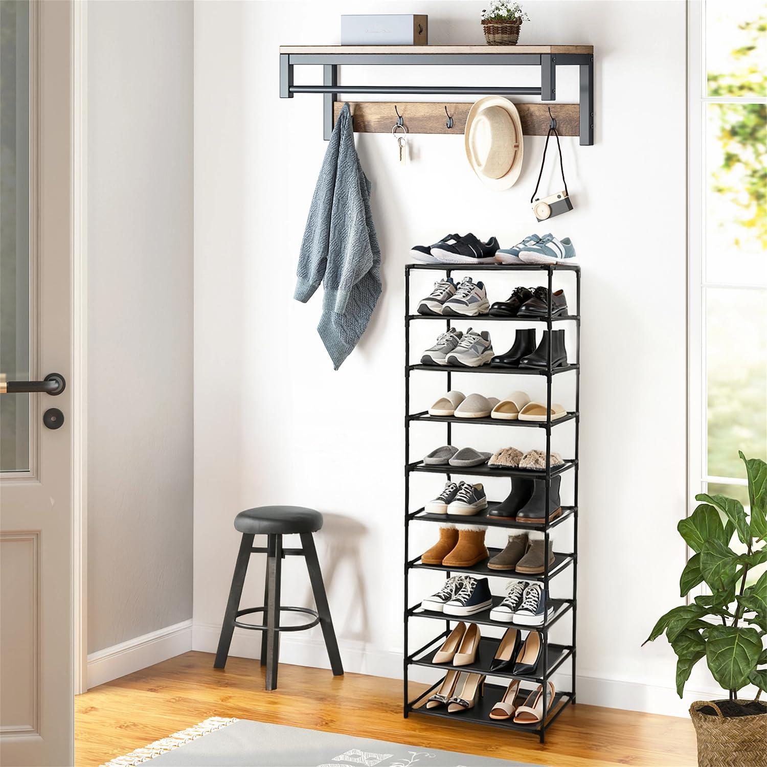 Seapisode 10 Tier Shoes Rack with Handle, Tall Shoe Rack in Durable Steel Frame and Black Non-Woven Fabric for Home Dormitory Office, Vertical Shoe Rack Organizer Easy to Assemble and Space Saving