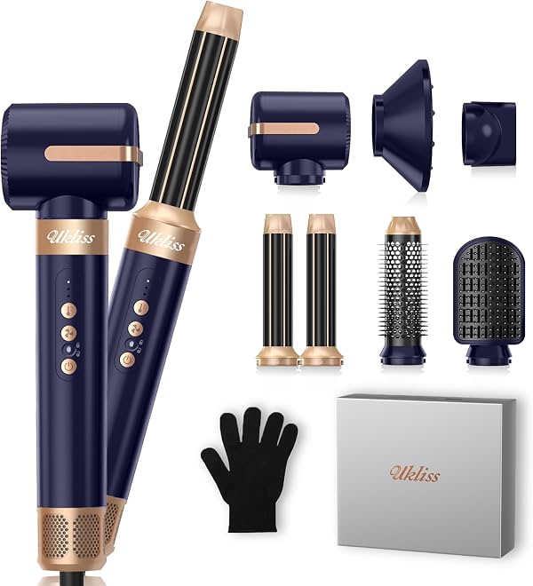 UKLISS 7 en 1 multiestilizador y cepillo secador, set de cepillo de aire caliente de alta velocidad de 110,000 RPM con rizador automático, alisador iónico negativo y herramienta de volumen, azul/dorado