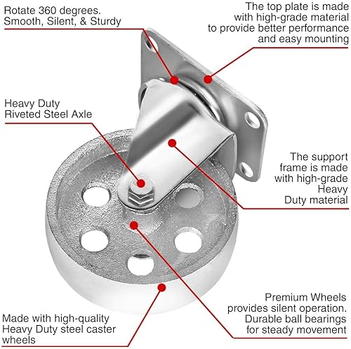 Miniatura 10 de 4 ruedas giratorias con placa giratoria de acero, con traba de freno, resistentes, con una capacidad total de 1500 libras, color gris.