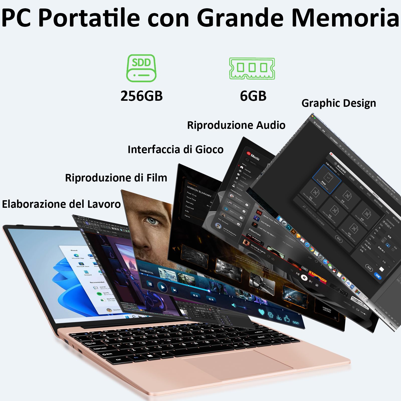 bvate PC Portatile 14 pollici Notebook Win 11 upto 2.8 GHz 256 GB ROM Supporta l'espansione SSD 1TB Celeron N4020 2.4G+5G WiFi 4.2 USB HDMI Tastiera italiana membrana mouse senza fili-Gold