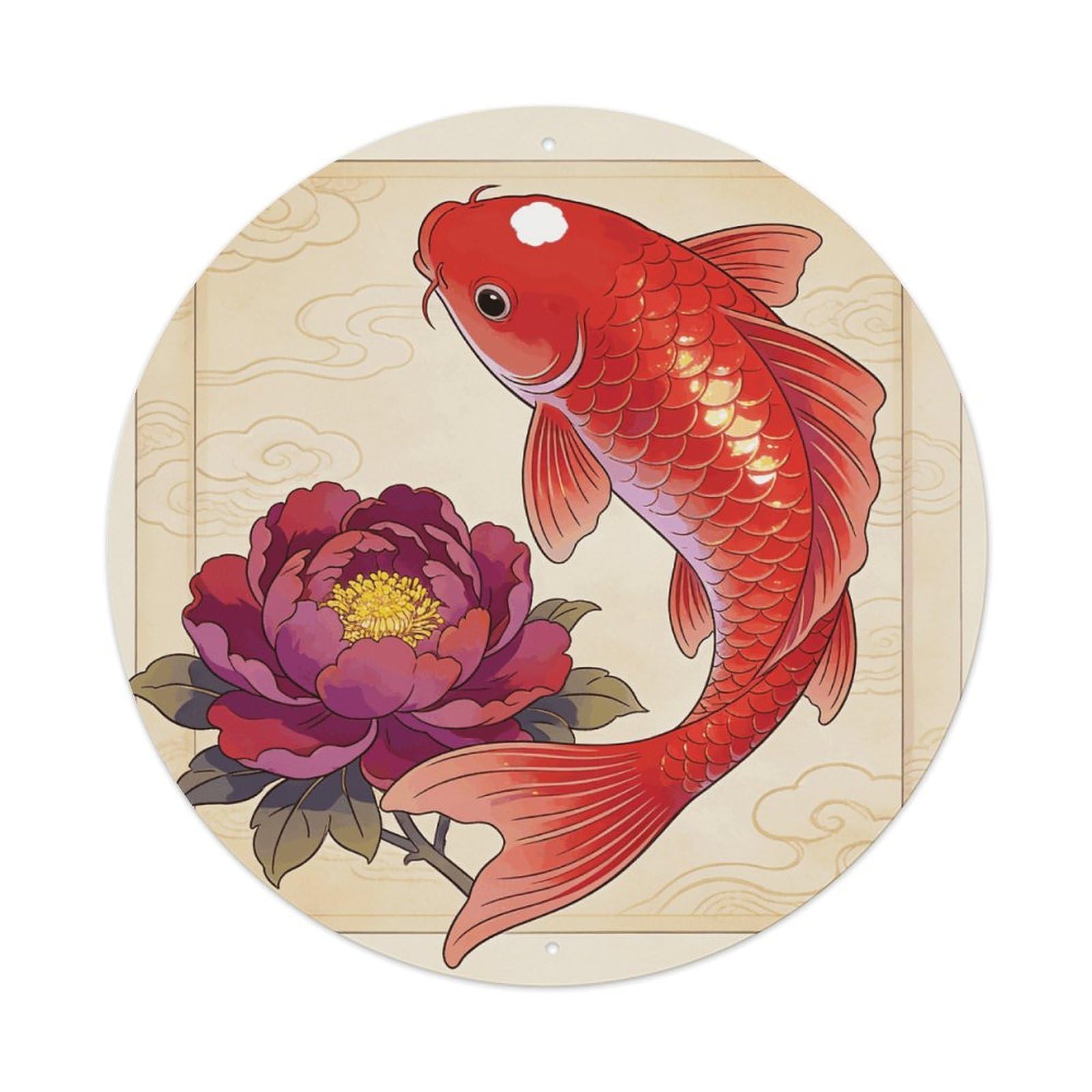 LZQPOEAS Koi Carp Bring Spring Round Aluminum Wall Art Sign, Metal Indoor Wall Decor with Holes, Durable Circular Aluminum Plaque for Home, Bar, Cafe, Living Room, And Office Decoration