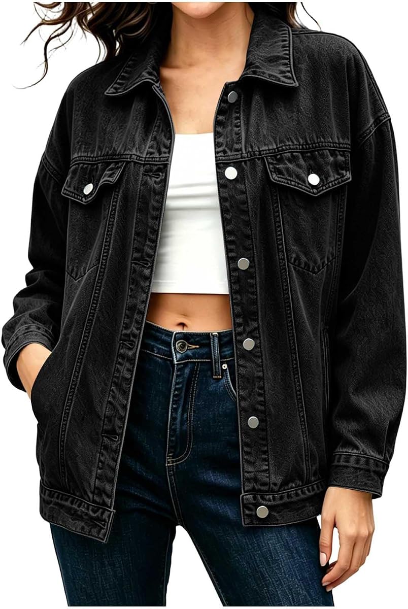 Chaqueta vaquera de gran tamaño con botones y bolsillos para mujer