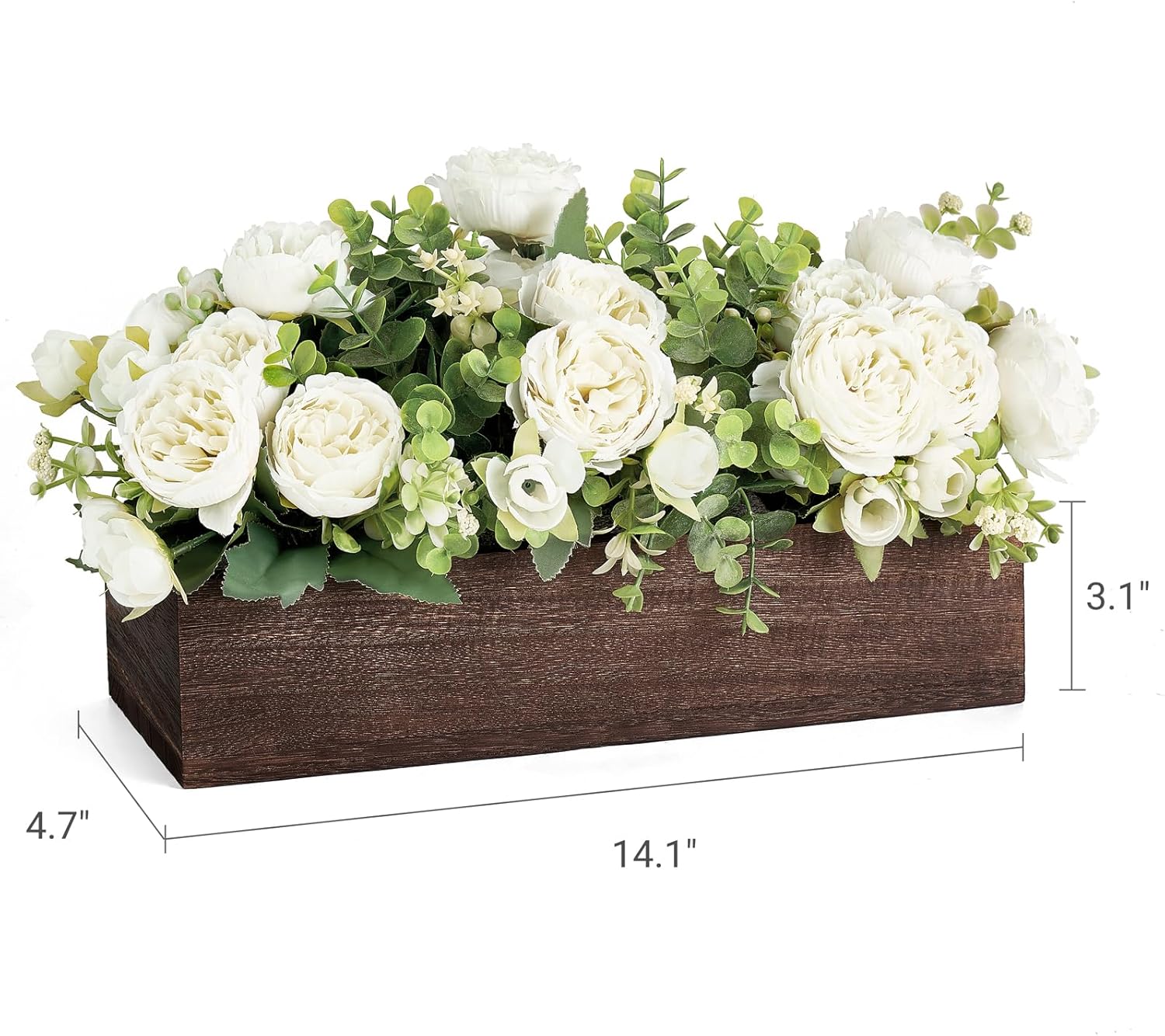 Dahey Centerpiece Table Decorations for Dining Room Farmhouse Living Room Table Centerpieces Decor Wood Tray with 3 Artificial Flowers and 2 Eucalyptus for Kitchen Table, 14.1" x 4.7" x 3.1", White - Image 6