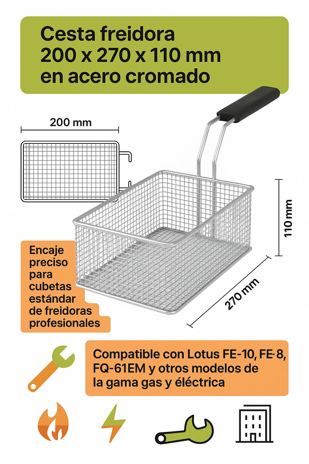 CubetasGastronorm ® Cesta Freidora Industrial Acero Cromado 200x270x110mm Compatible con Lotus Repuesto para Freidora Profesional Gas Eléctrica Hostelería