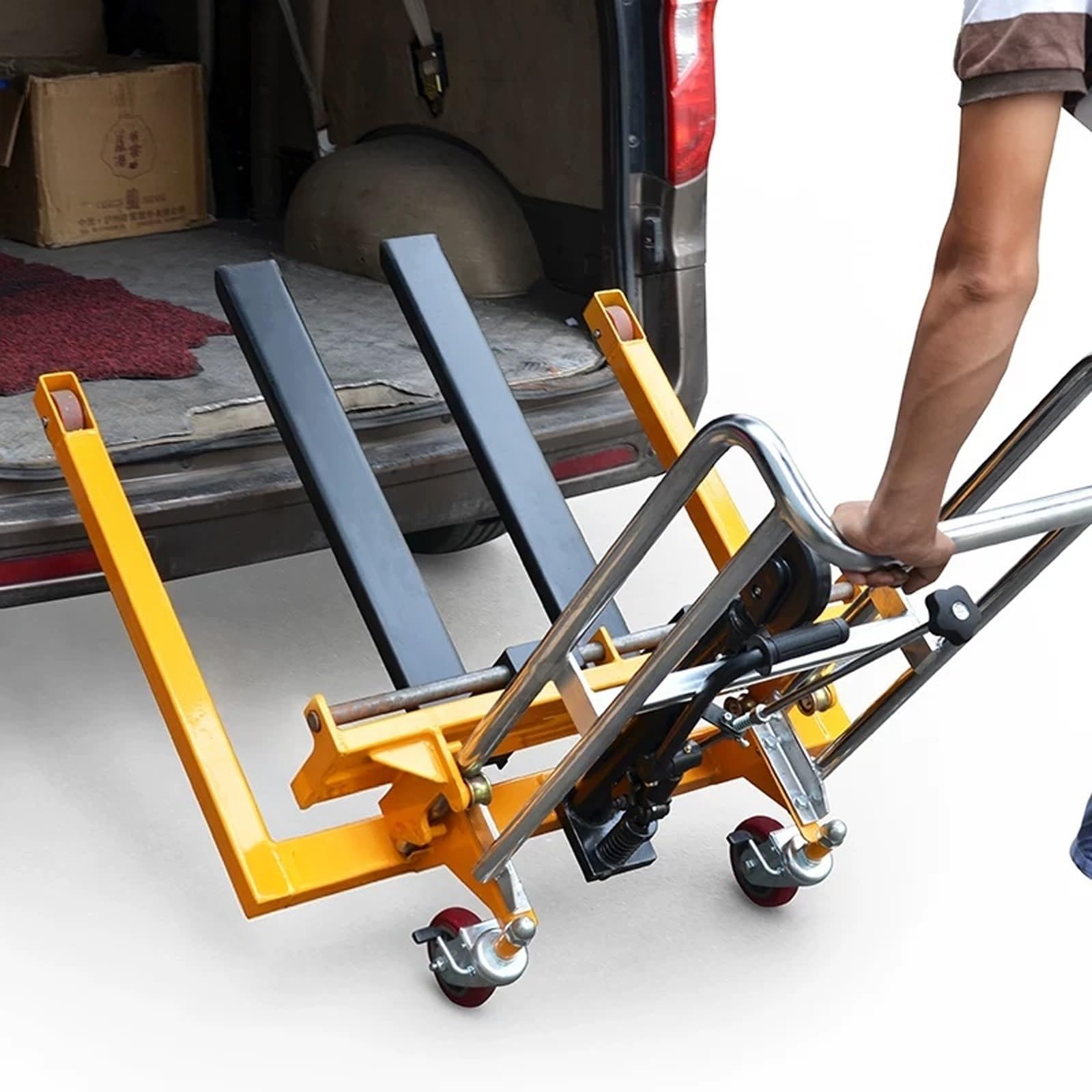 Transpallet a Spinta con Pompa a Mano Impilatore con Sollevamento a Pedale, 300 kg, forca da 80 cm, Compatto, Freno, for lavori Leggeri nel retrobottega Transpallet