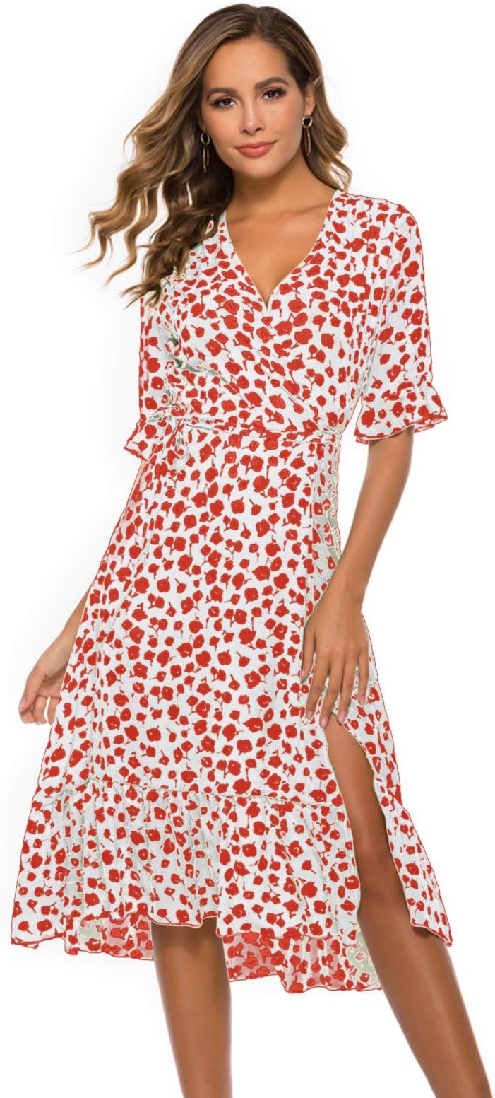 AIchenYWWomen Side Split Patchwork Midi Dress Ladies Deep V Neck Elegant Exotic Boho Baggy Short Sleeve Floral Print Elastic Waist Lotus Hem Beach Long Dress Cocktail Ruffles Bridesmaid Swing Dress