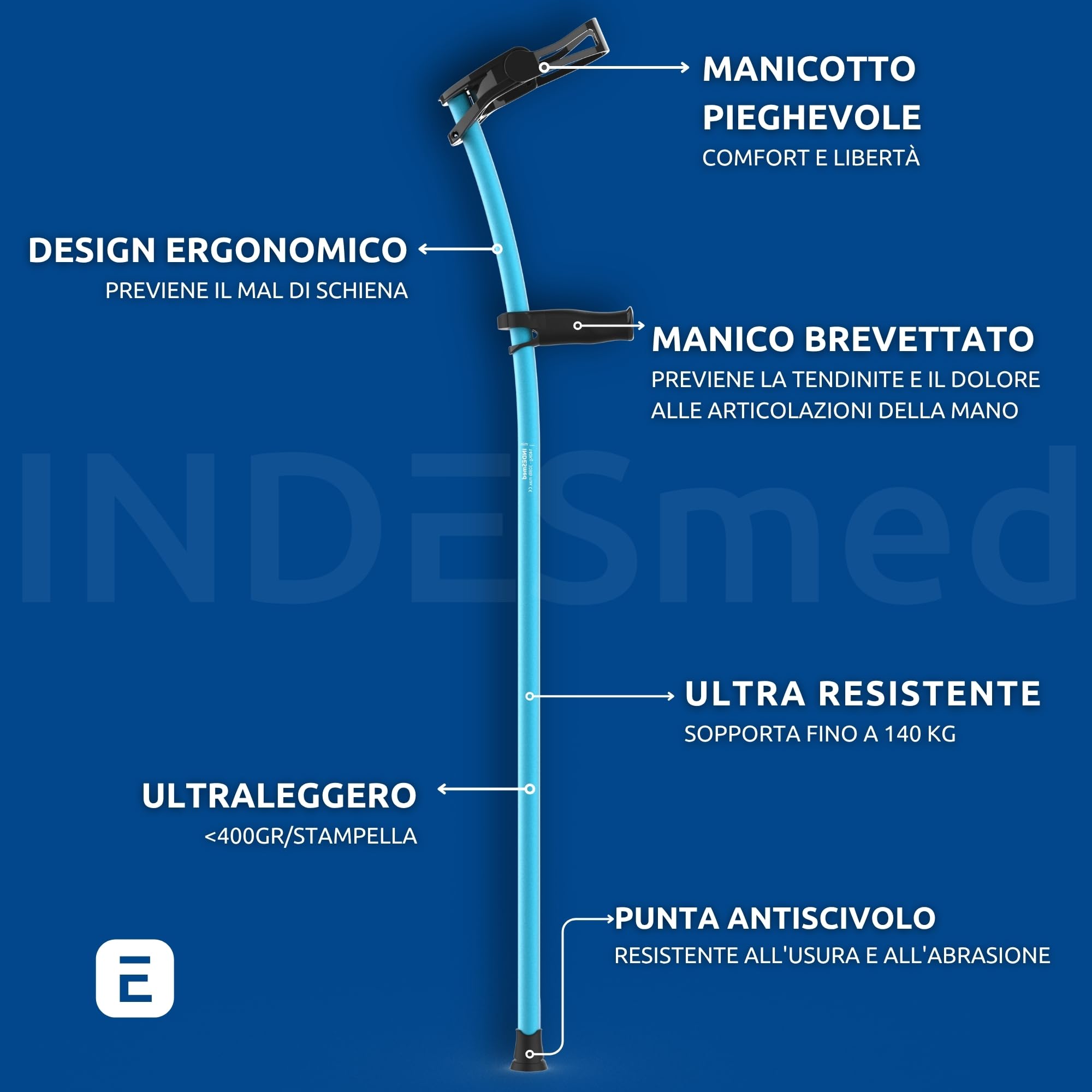 INDESmed x2 Stampelle Ortopediche Regolabili Leggere in Alluminio 100% aerospaziale - Stampelle Canadesi Colorate, impugnatura ergonomica e antiscivolo - Prodotto brevettato (Arancione, L (175-185cm))