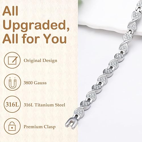 Miniatura 6 de Feraco 2 pulseras de cobre y pulseras magnéticas para mujer con 3800 imanes de terapia Gauss, pulsera magnética de acero de titanio con circonita