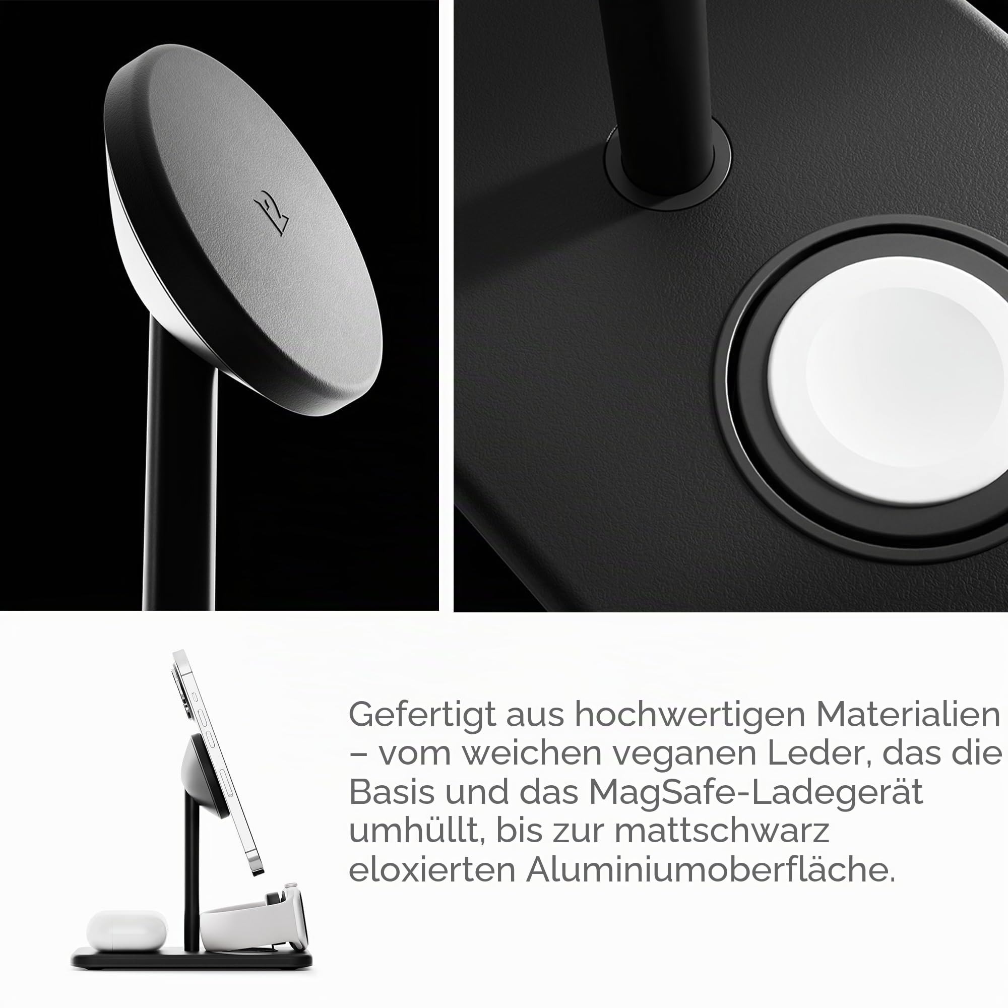 Twelve South HiRise 3 Deluxe | Compact Luxury MagSafe Stand for iPhone, AirPods and Apple Watch, Schwarz, TS-2303