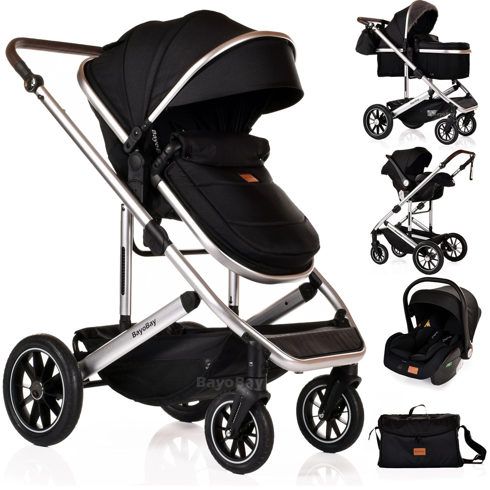 Passeggino 3 in 1 per bambini, passeggino leggero pieghevole 3 in 1, sistema da viaggio per neonati dalla nascita, in alluminio (nero argento, telaio Lite e baldacchino intercambiabile (pelliccia e
