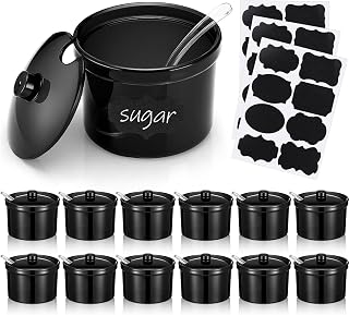 Tioncy 12 Pcs Hot Cocoa Bar Supplies Sugar Bowls with Lid and Spoon Party Bar Ice Cream Sundae Caramel Apple Dipping Container Christmas Acrylic Candy Dispenser with Tag (7.1 oz,Transparent Black)