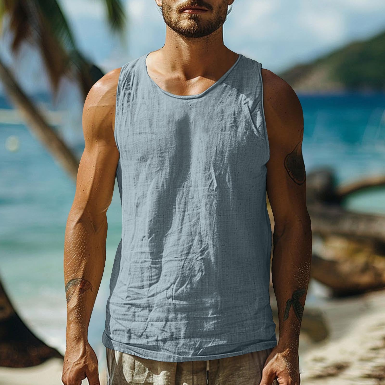 Camiseta Tirantes Hombre,Algodón y Lino Camisa Sin Mangas para Verano Básica Cuello Redondo Ropa Hombre Color Sólido Camiseta Deportivos de Entrenamiento Ligero y Transpirable Tank Top