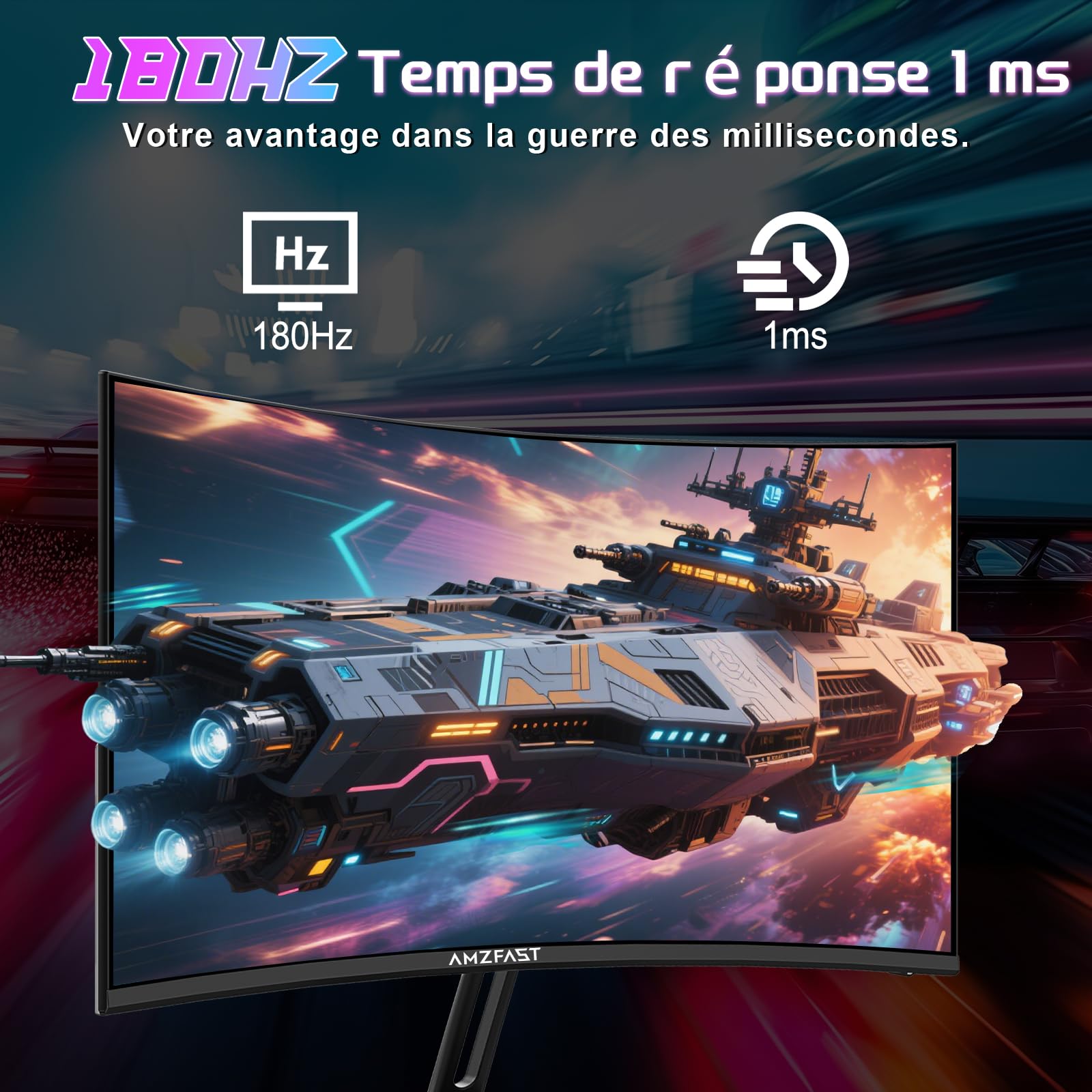 Amzfast Écran PC Gamer Incurvé 24 Pouces - 180Hz, FHD 1920x1080, sRGB 130% / DCI-P3 97%, 1 ms MPRT, Anti-Lumière Bleue, Adaptive Sync, HDMI 1.4 + DP 1.2, VESA 75x75, AMZG24C1
