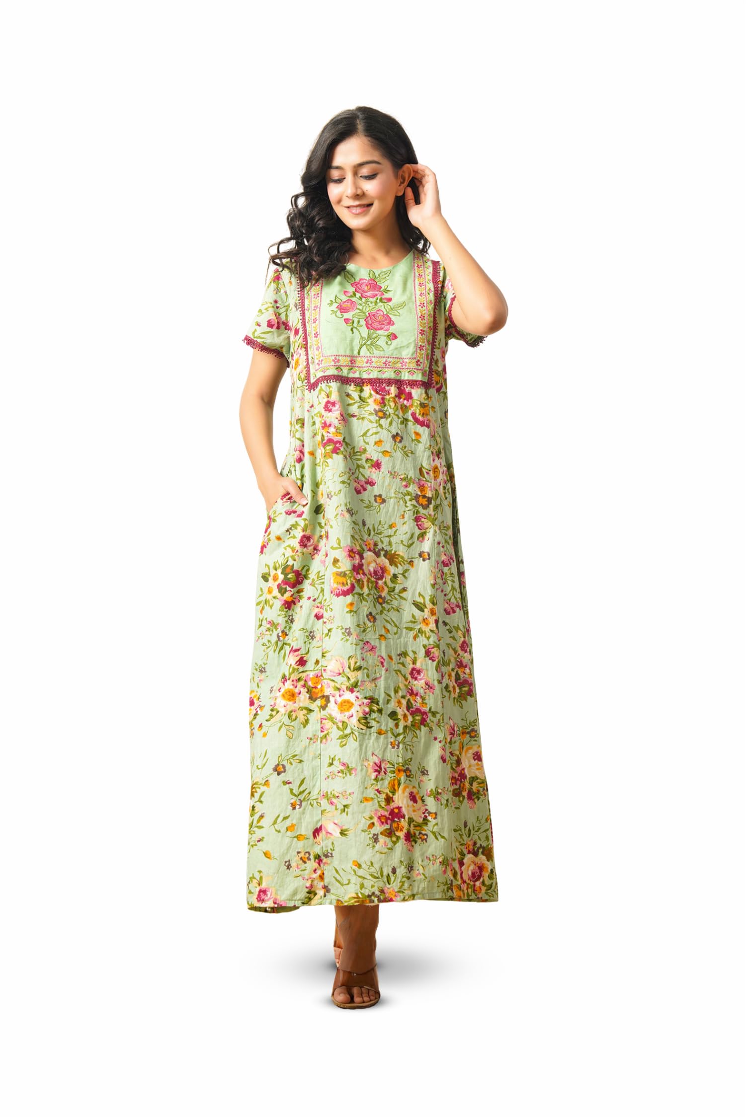 nihsamah Cotton Nighty for Women — Embroidered & Printed Stylish Night Gown, Comfortable Sleepwear Long Nightwear, Maxi-picture-18