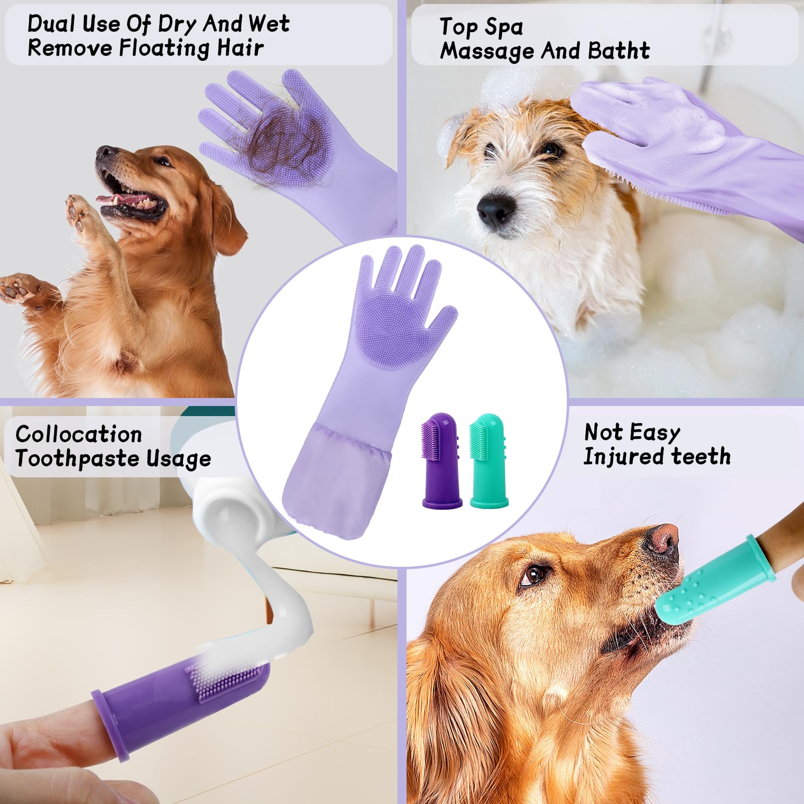Guantes 2 en 1 para lavar perros con cepillo de dientes de dedo, guantes de baño de silicona para mascotas, para una limpieza suave, masaje y desprendimiento, perfectos para perros y gatos,